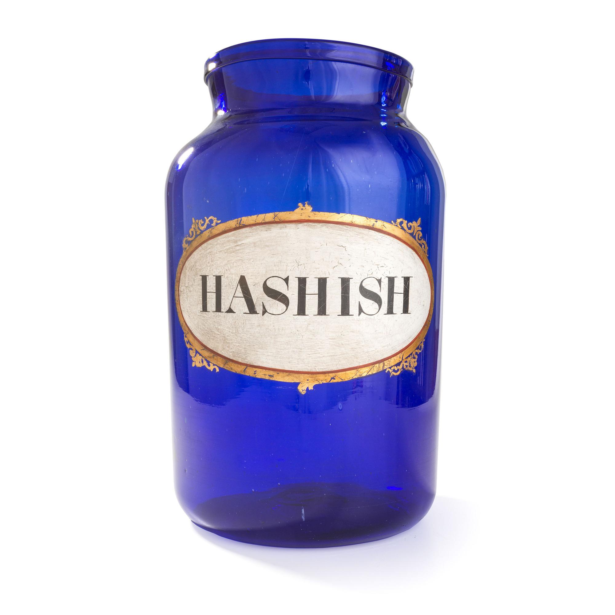 An English Painted Blue Glass Hashish Apothecary Jar