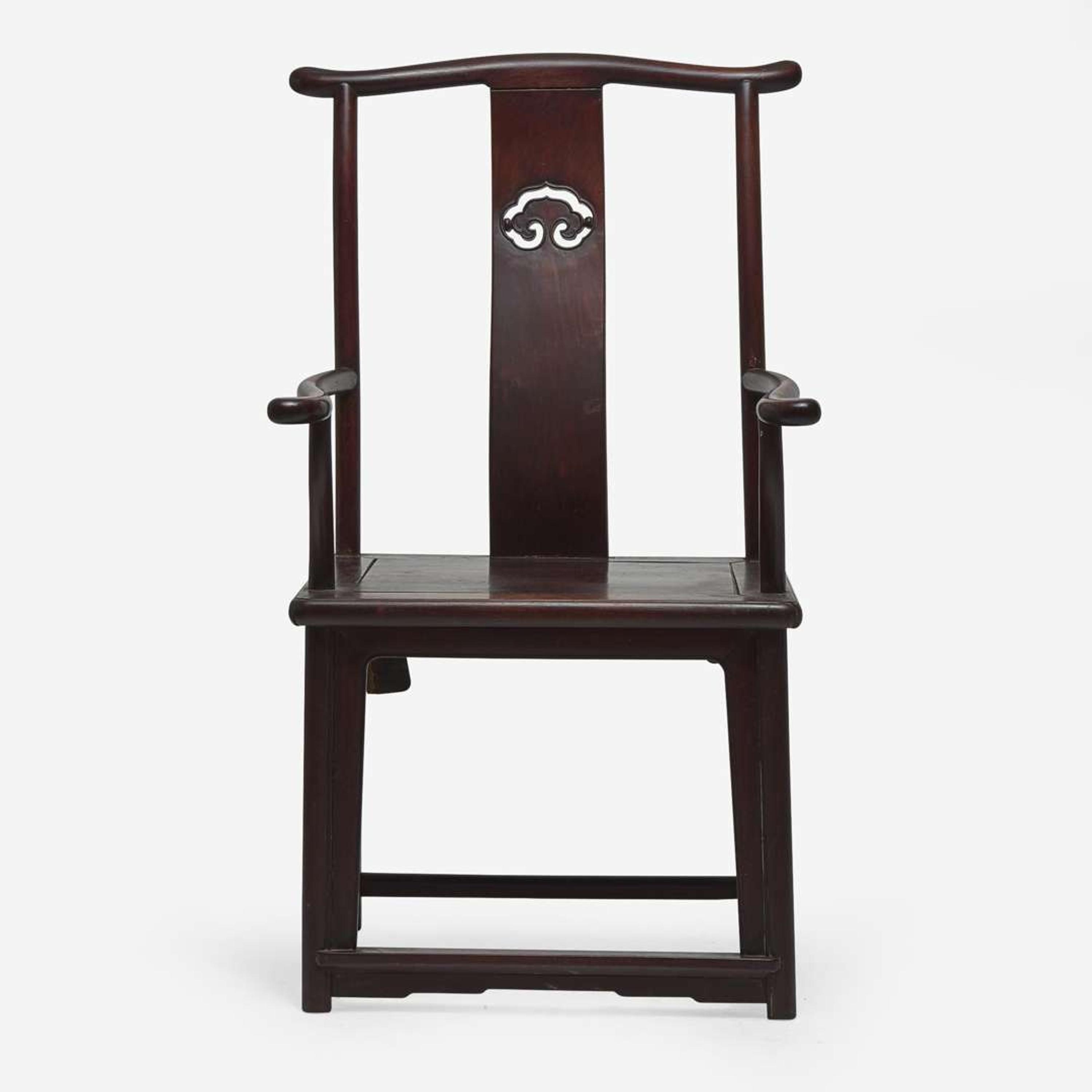 A Chinese hardwood armchair, possibly hongmu, Sichutou Guanmaoyi 硬木四出头官帽椅 或红木 Qing dynasty ?