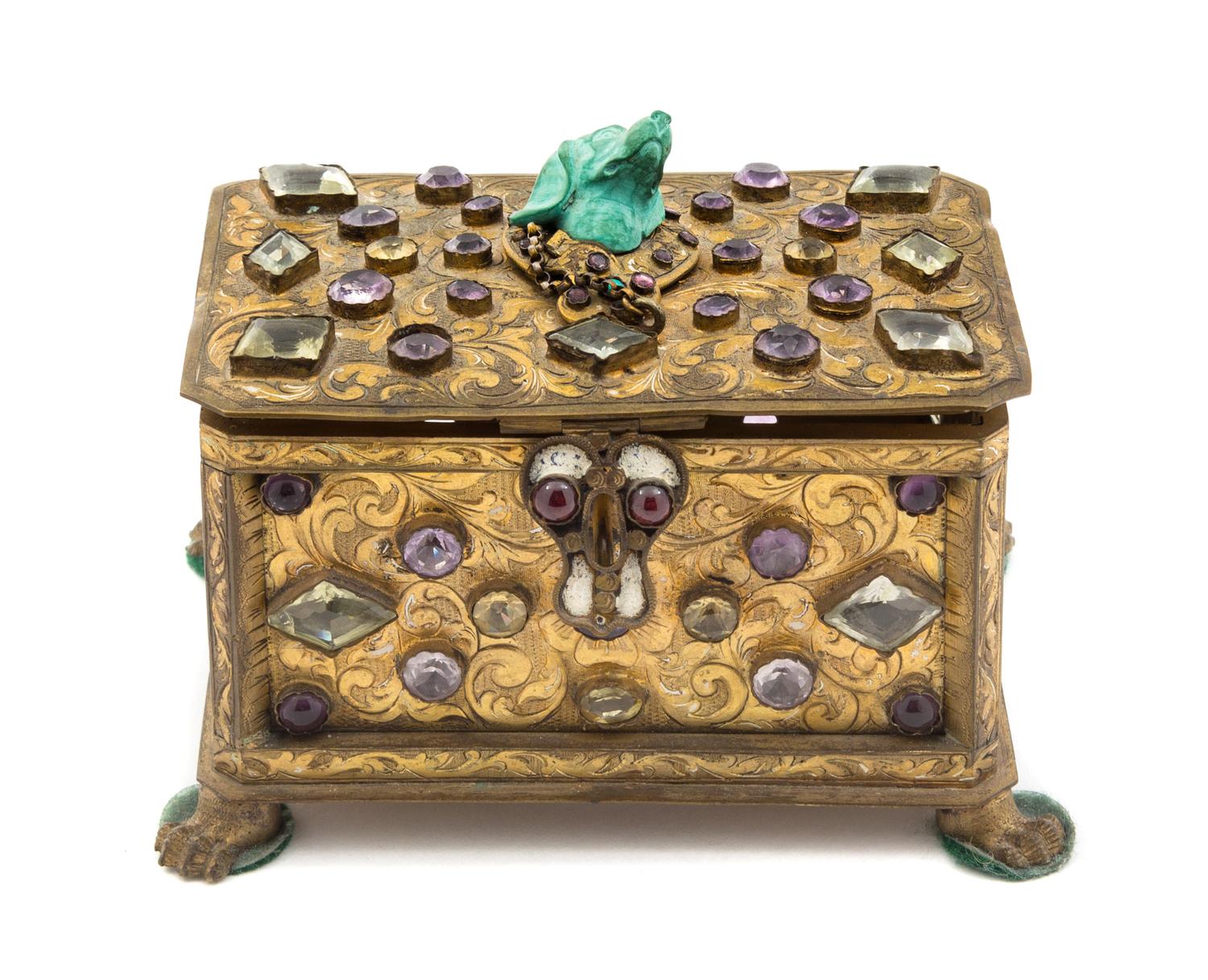 A Continental Silver-Gilt, Rock Crystal and Gem-Inset Box Height 3 x width 5 x depth 3 1/2 inches.