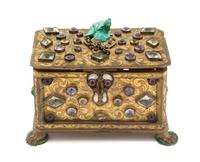 A Continental Silver-Gilt, Rock Crystal and Gem-Inset Box Height 3 x width 5 x depth 3 1/2 inches.