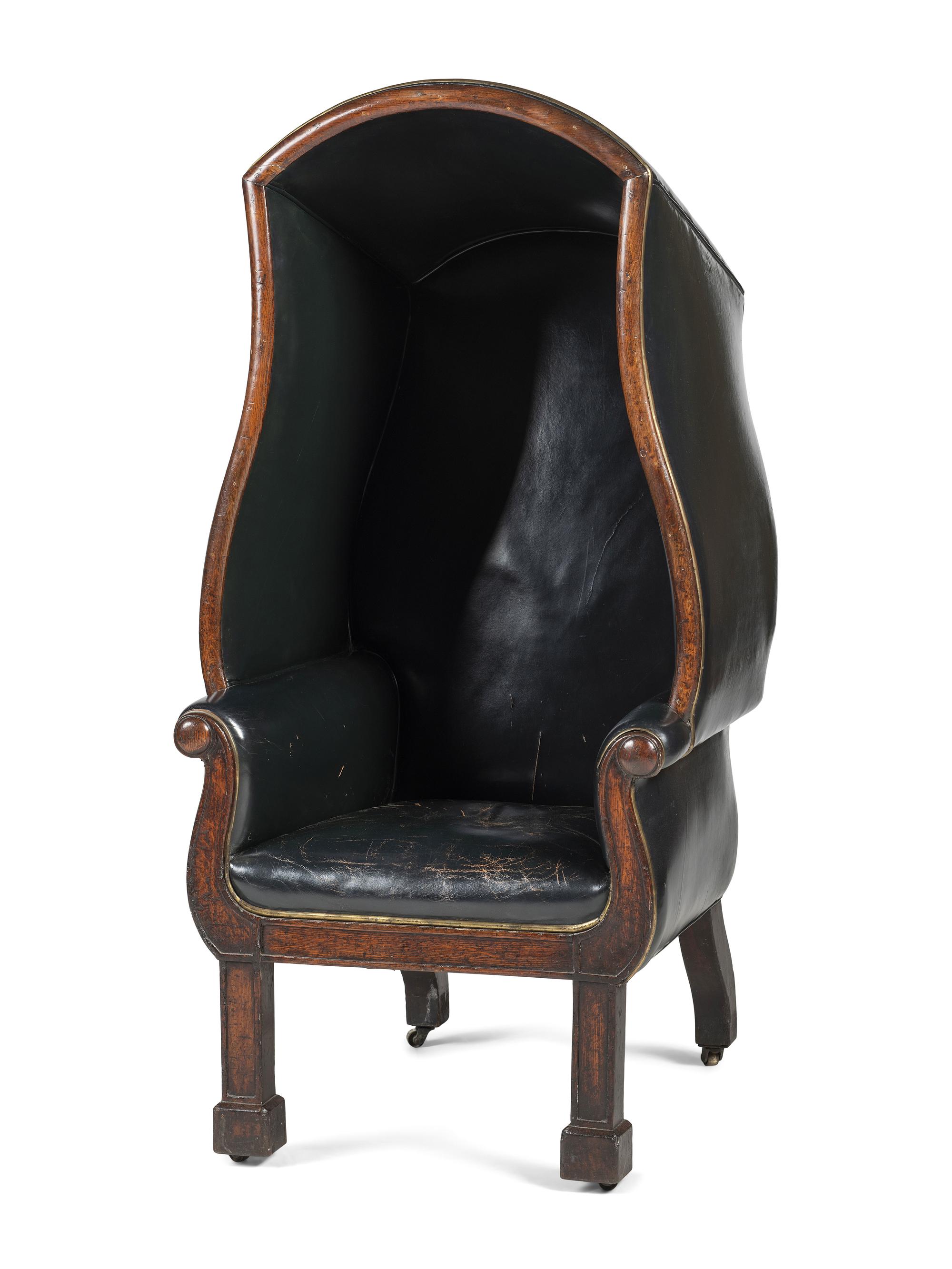 An Irish George III Brass Mounted, Carved Oak, Leather Upholstered Porter's Chair