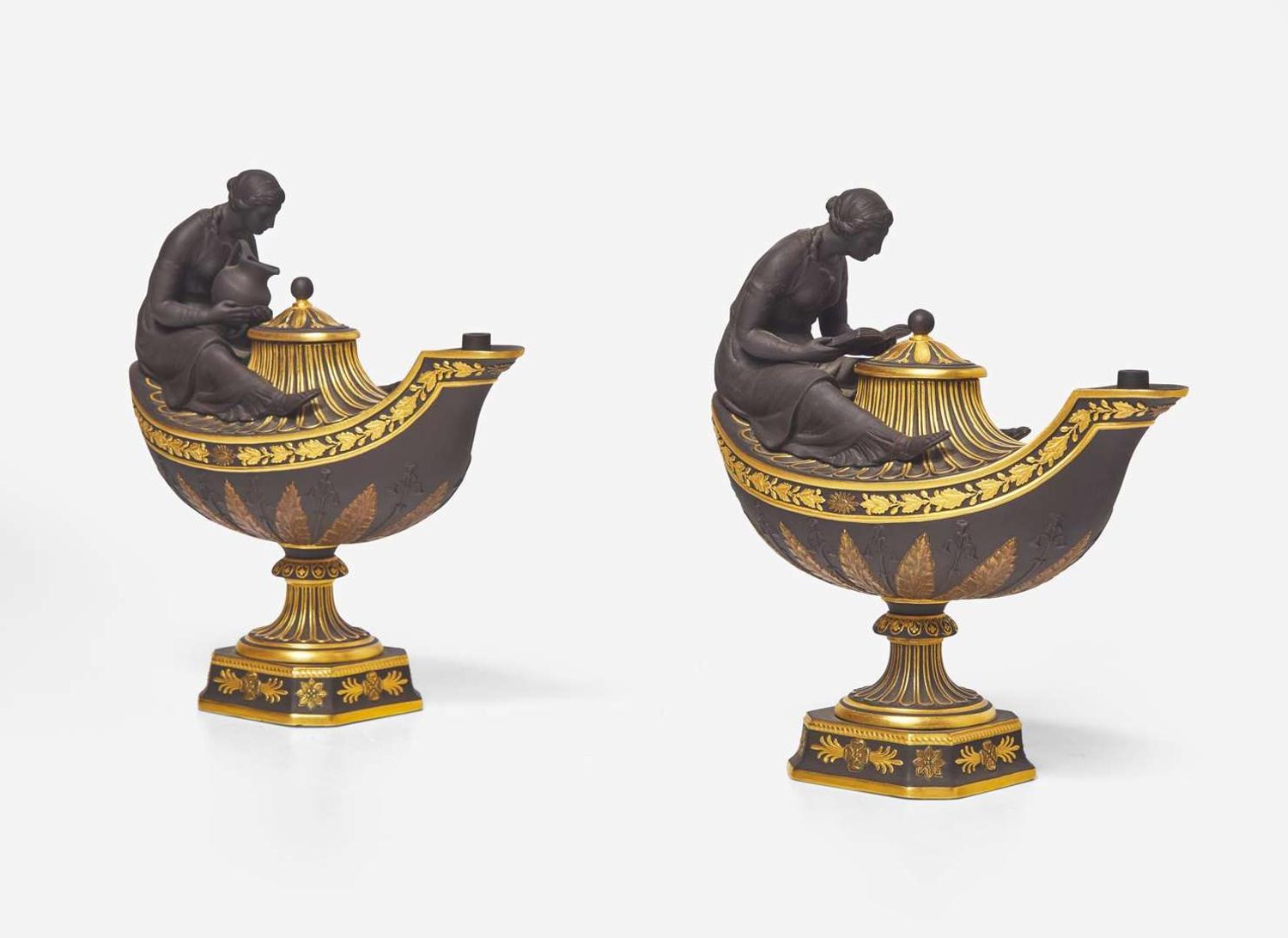 A Pair of Wedgwood Gilded Black Basalt Vestal Lamps, UK, 2000