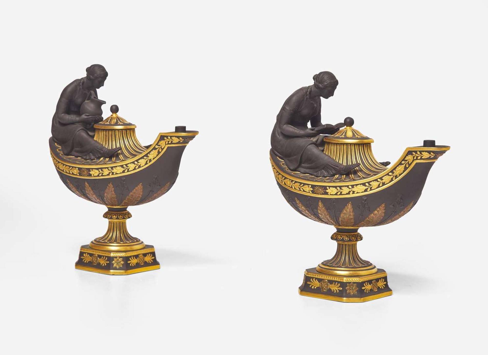 A Pair of Wedgwood Gilded Black Basalt Vestal Lamps, UK, 2000