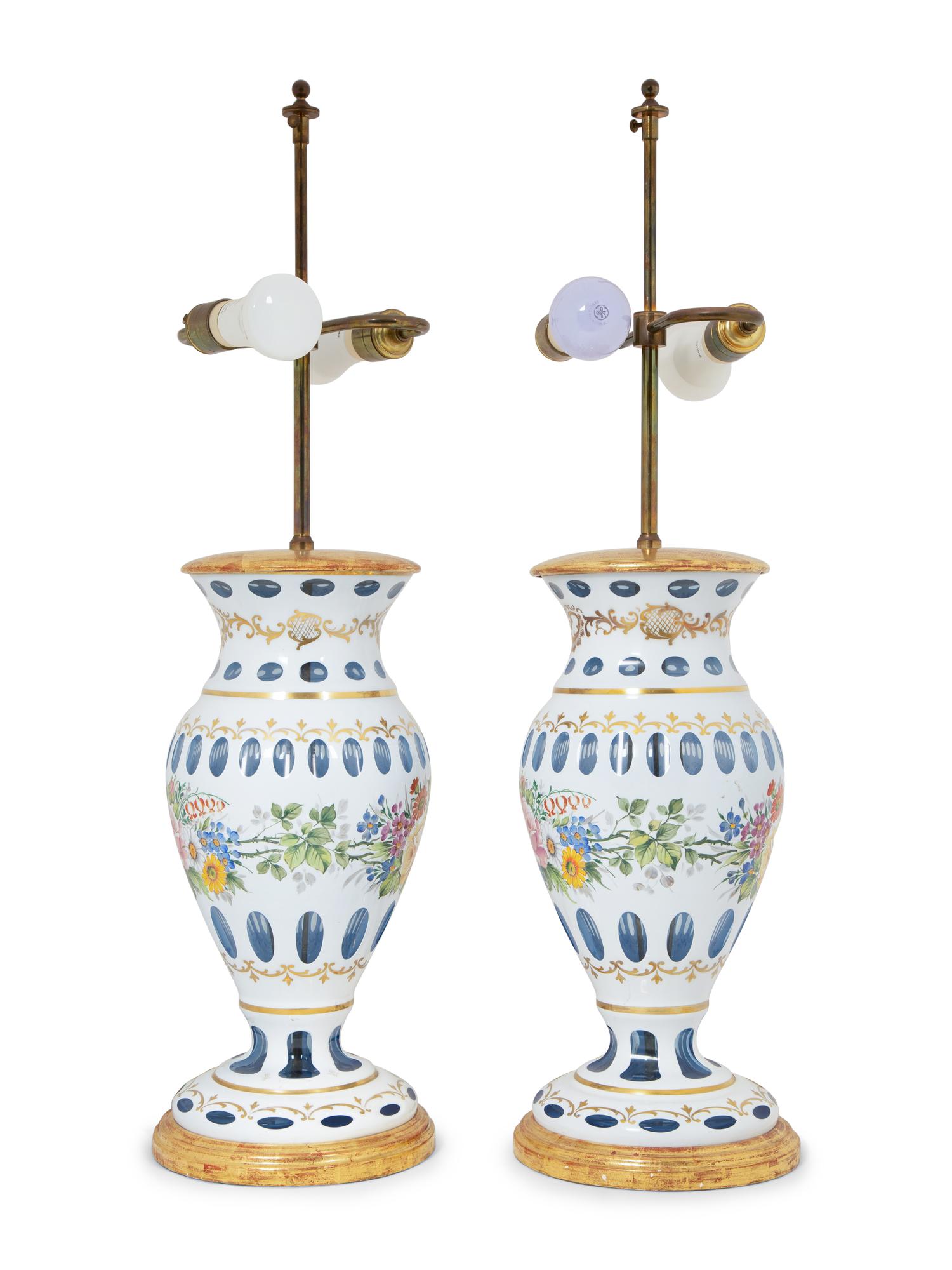 A Pair of Bohemian Enameled White Overlay Glass Baluster Vases