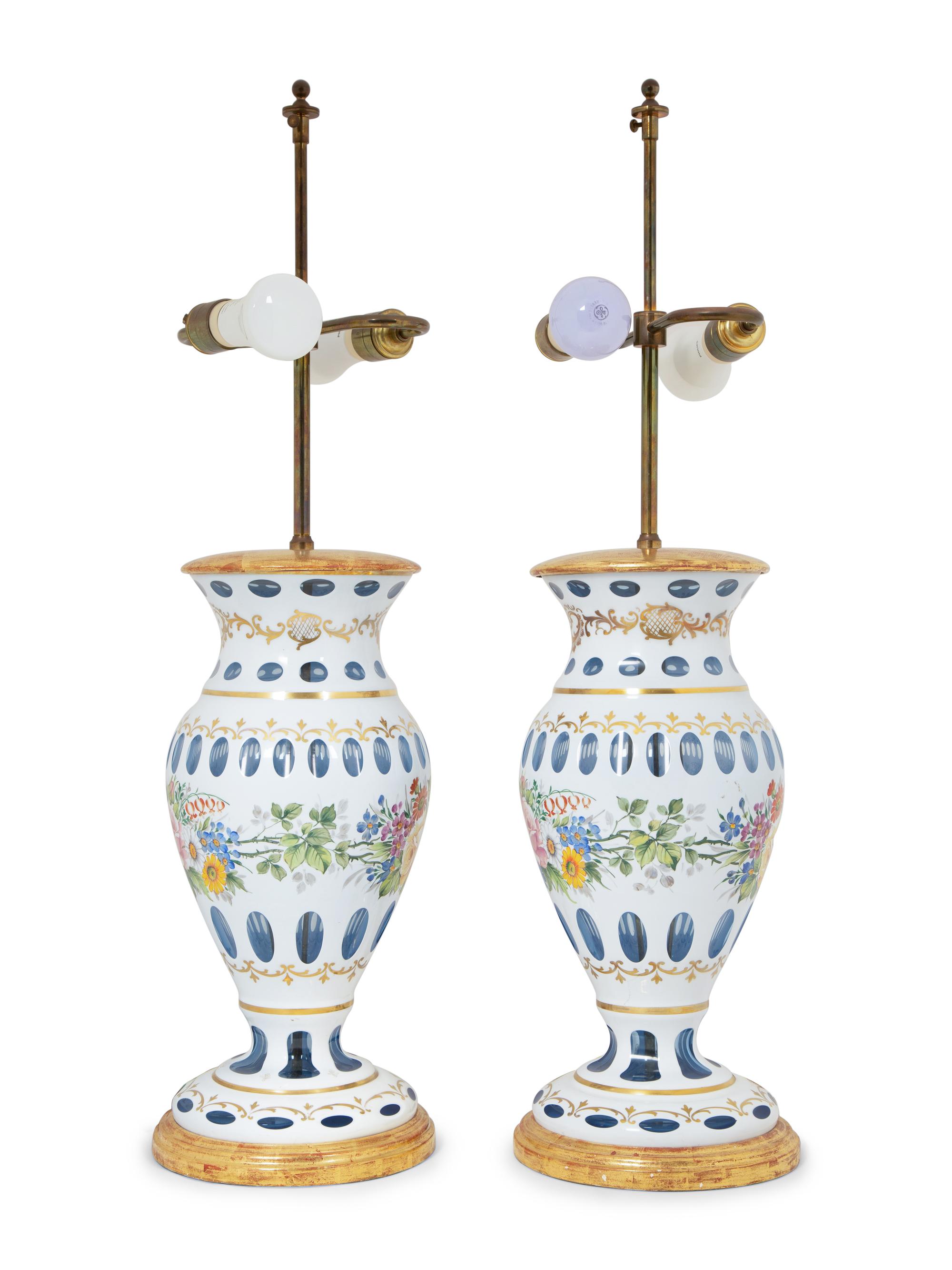 A Pair of Bohemian Enameled White Overlay Glass Baluster Vases