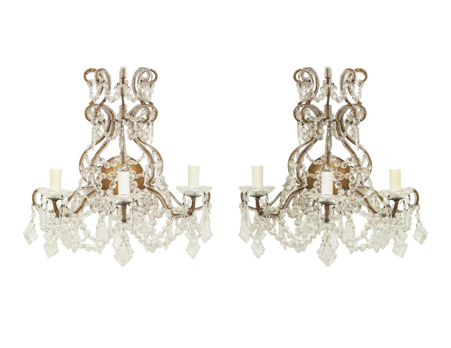 A Pair of French Gilt Metal and Cut Beaded Glass Three-Branch Wall Lights