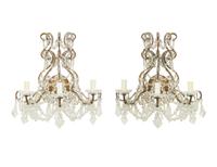 A Pair of French Gilt Metal and Cut Beaded Glass Three-Branch Wall Lights