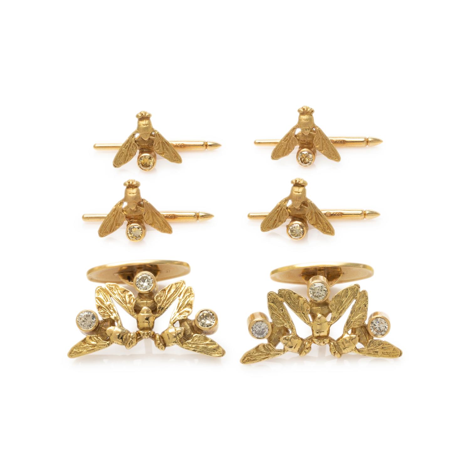 YELLOW GOLD, DIAMOND AND COLORED DIAMOND FLY MOTIF DRESS SET