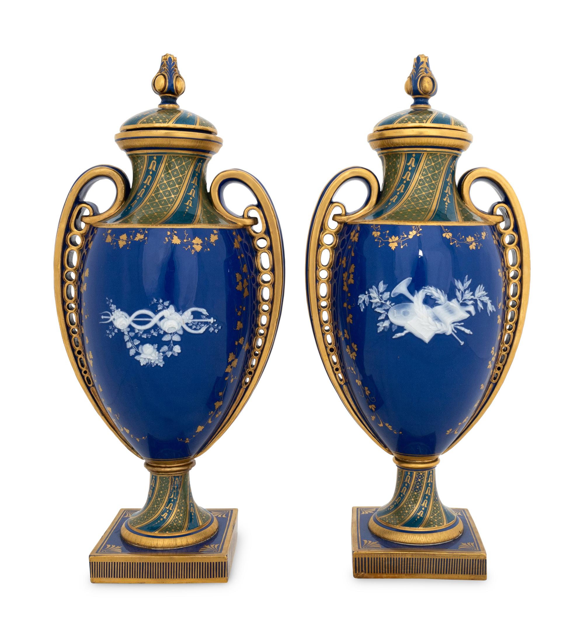 A Pair of Minton's Pâte-sur-Pâte Cobalt Blue Covered Vases