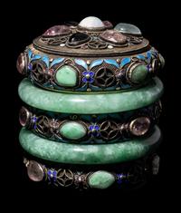 A Chinese Jadeite and Hardstone Inset Blue Enameled Silver Filigree Covered Box