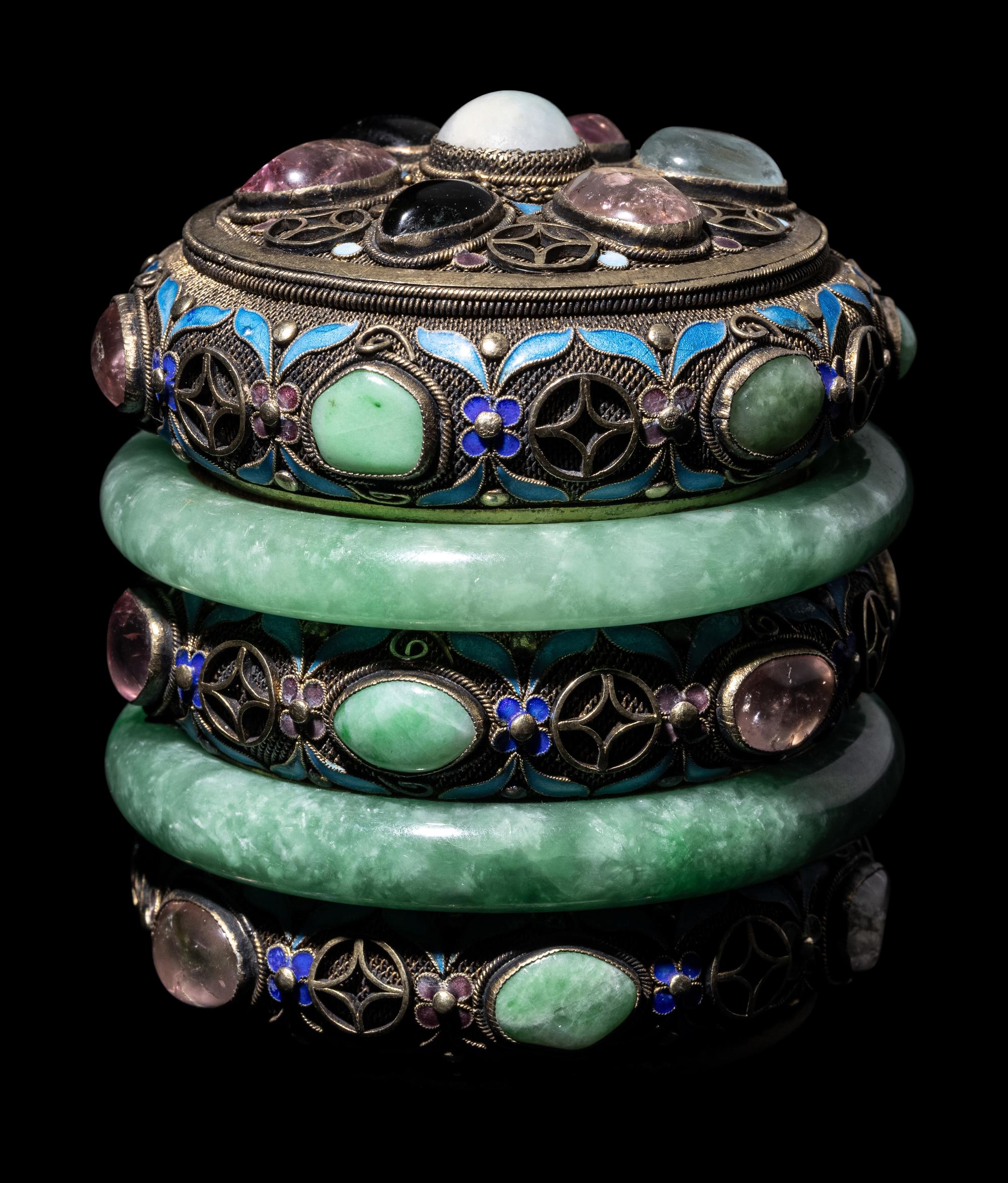 A Chinese Jadeite and Hardstone Inset Blue Enameled Silver Filigree Covered Box