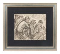 A Charcoal Drawing and a Watercolor, At the Fight, 1938 and Placing Bets, 1935