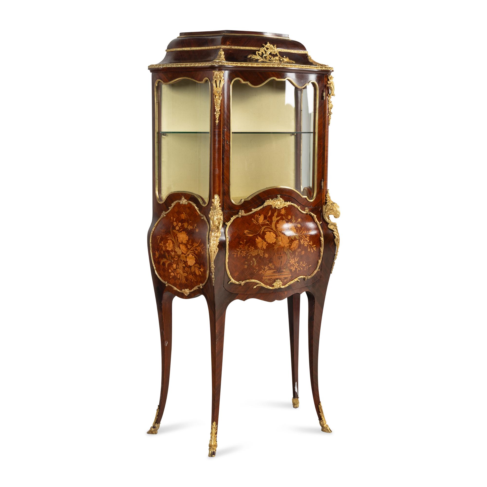 A Louis XV Style Gilt Bronze Mounted Marquetry Bombé Vitrine