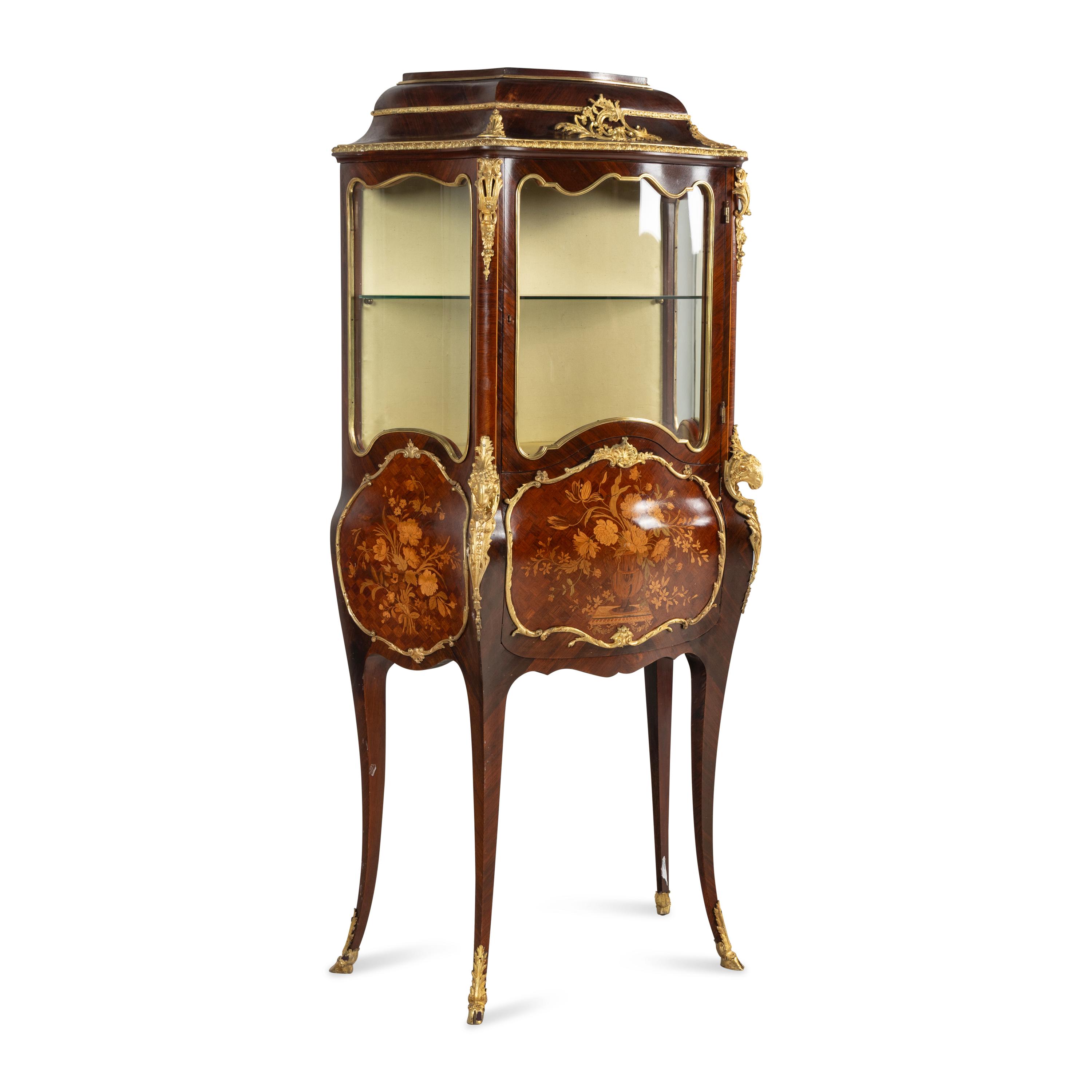 A Louis XV Style Gilt Bronze Mounted Marquetry Bombé Vitrine