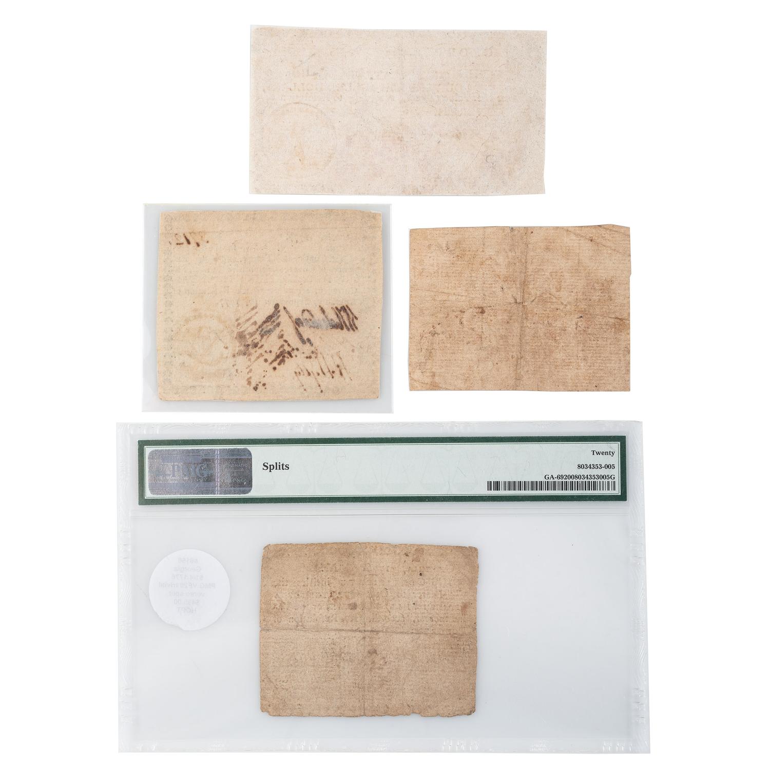 [COLONIAL CURRENCY - GEORGIA]. A group of 4 notes, incl. Half Dollar, Quarter Dollar, Seven Dollars, and Four Spanish Milled Dollars, dating from 1776-1777.