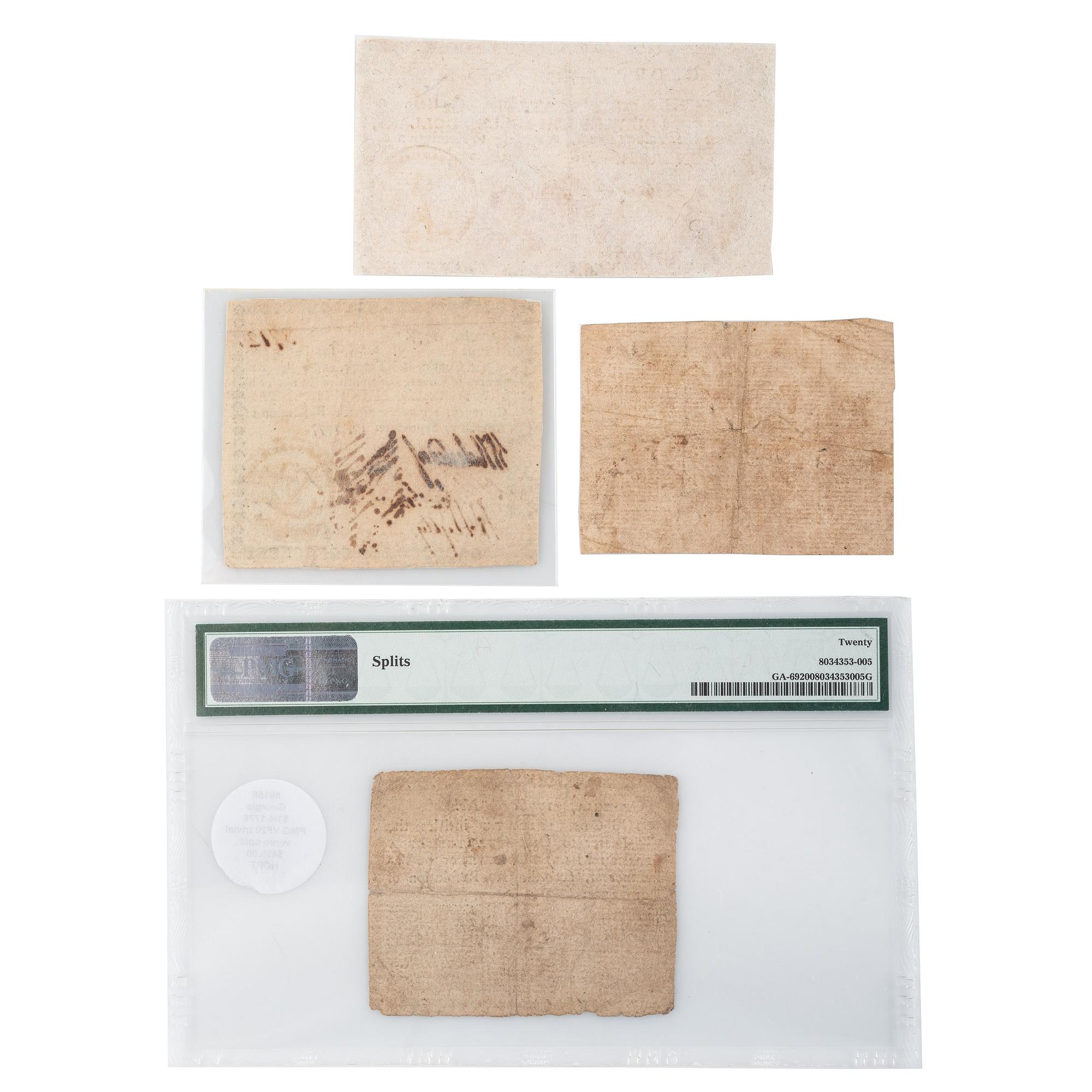 [COLONIAL CURRENCY - GEORGIA]. A group of 4 notes, incl. Half Dollar, Quarter Dollar, Seven Dollars, and Four Spanish Milled Dollars, dating from 1776-1777.