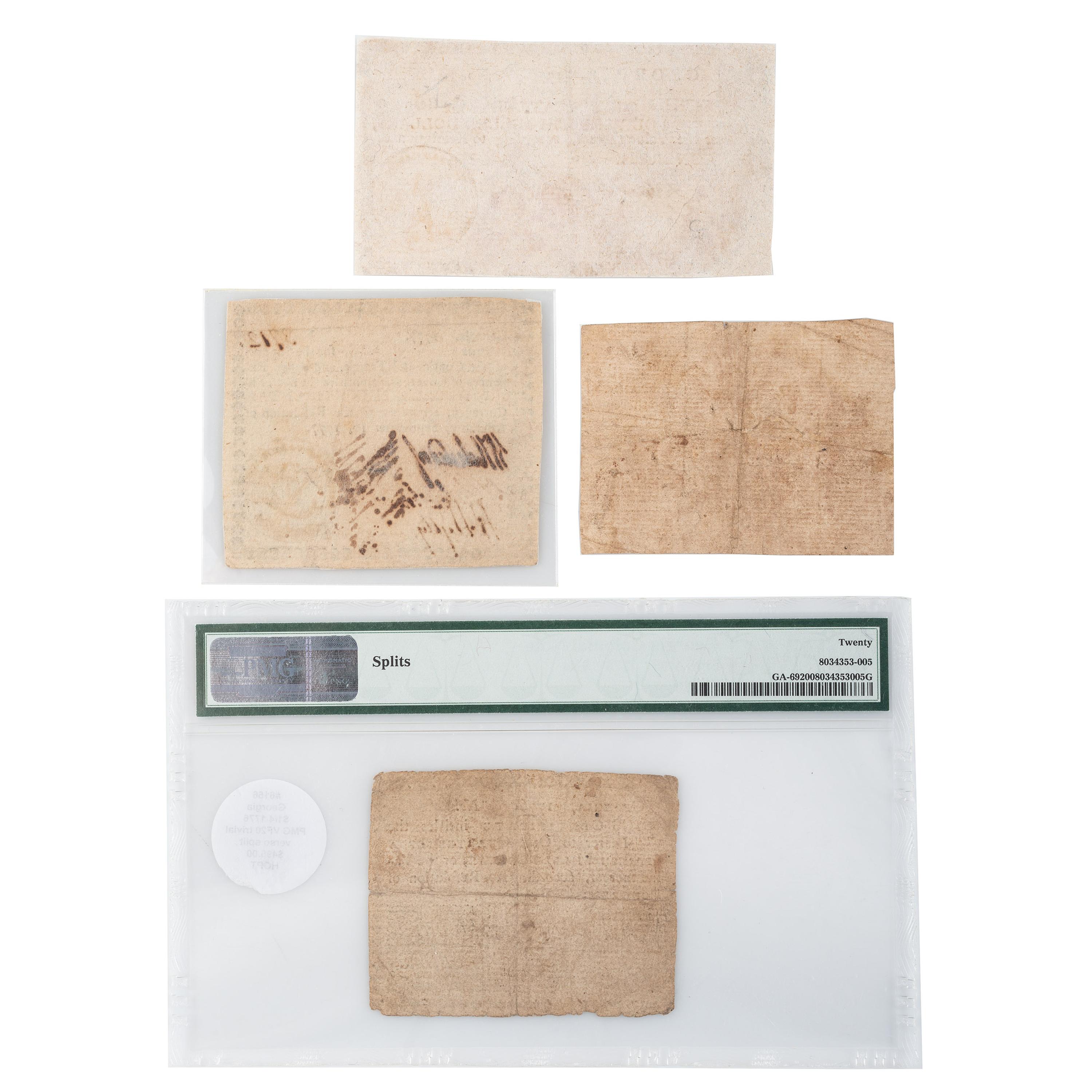 [COLONIAL CURRENCY - GEORGIA]. A group of 4 notes, incl. Half Dollar, Quarter Dollar, Seven Dollars, and Four Spanish Milled Dollars, dating from 1776-1777.