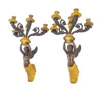 A Pair of Empire Style Gilt and Patinated Bronze Figural Five-Light Sconces