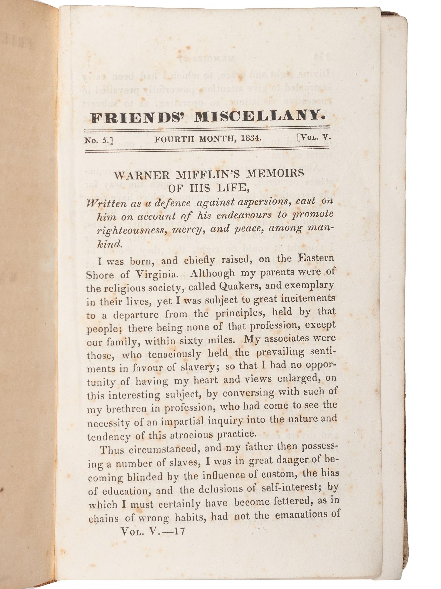 [ABOLITION -- QUAKERS]. Friends' Miscellany: Containing Memoirs of the Life of Warner Mifflin . Byberry: John & Isaac Comly, [1834]. Sammelband with 3 issues of Friends' Miscellany, 1831-1834.
