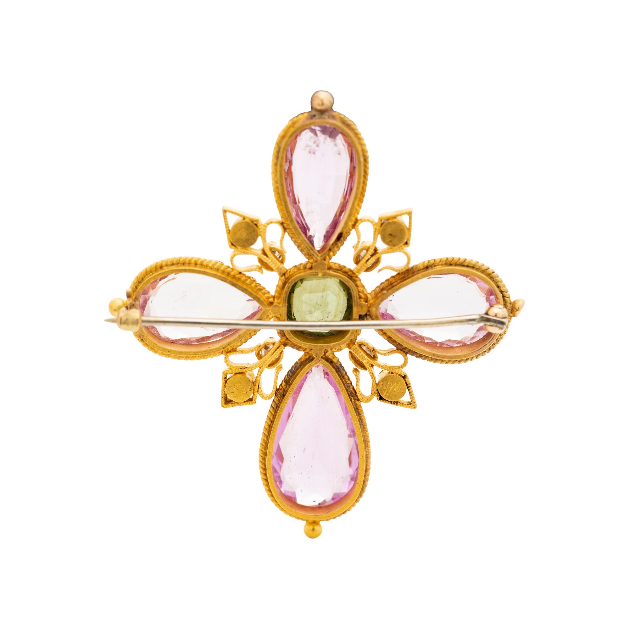 ETRUSCAN REVIVAL, DIAMOND AND MULTIGEM CROSS BROOCH