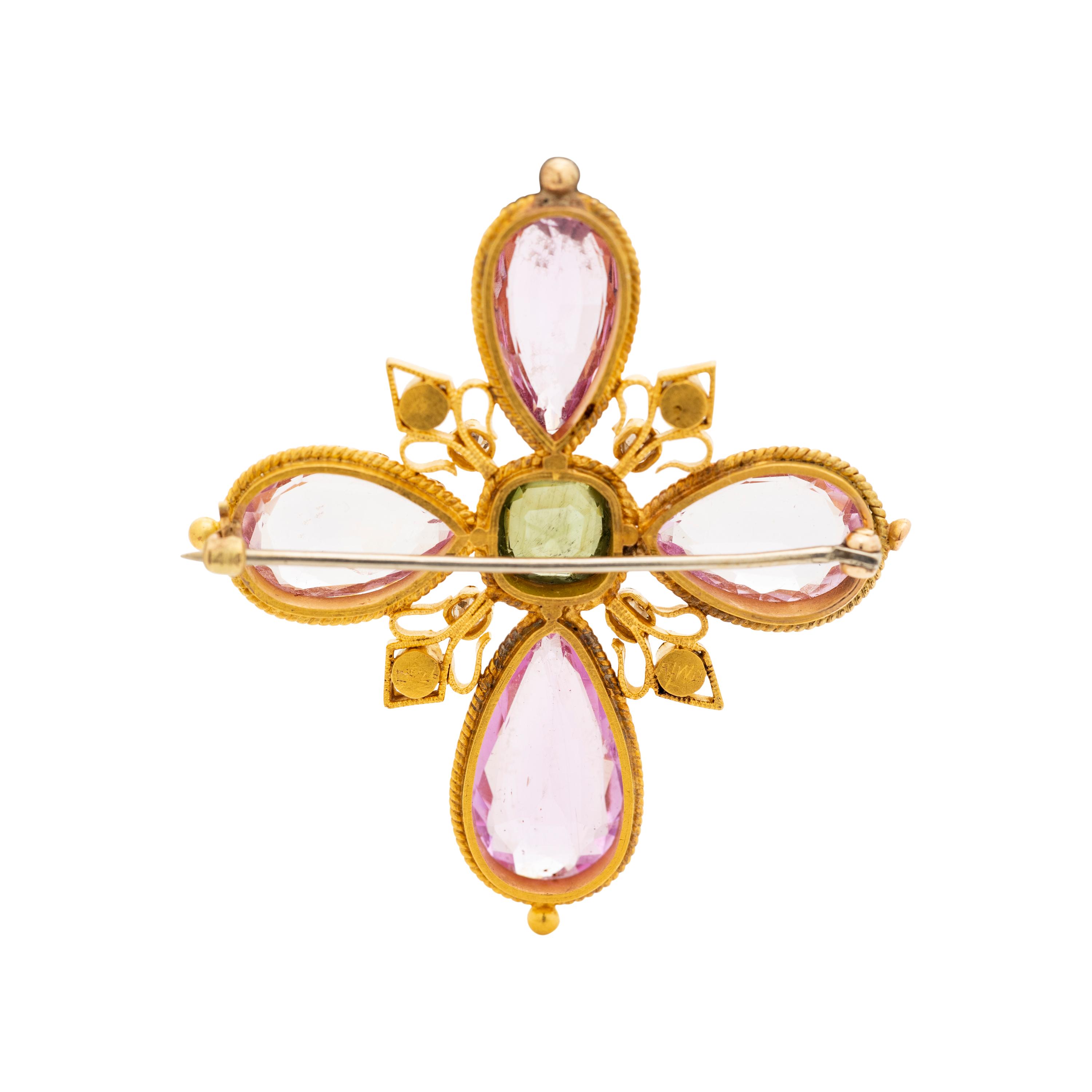 ETRUSCAN REVIVAL, DIAMOND AND MULTIGEM CROSS BROOCH