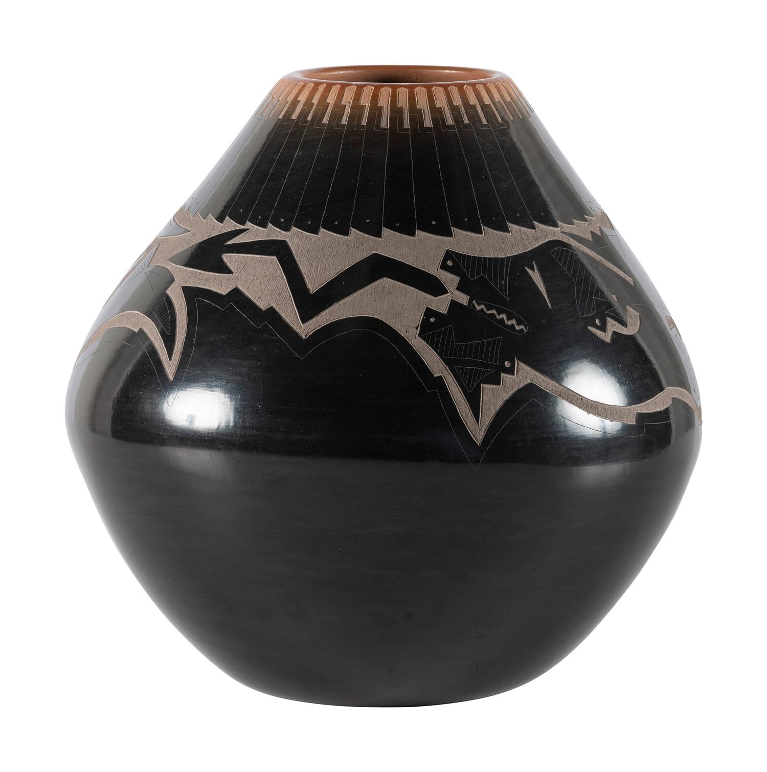 Black and Sienna Sgraffito Pottery Jar