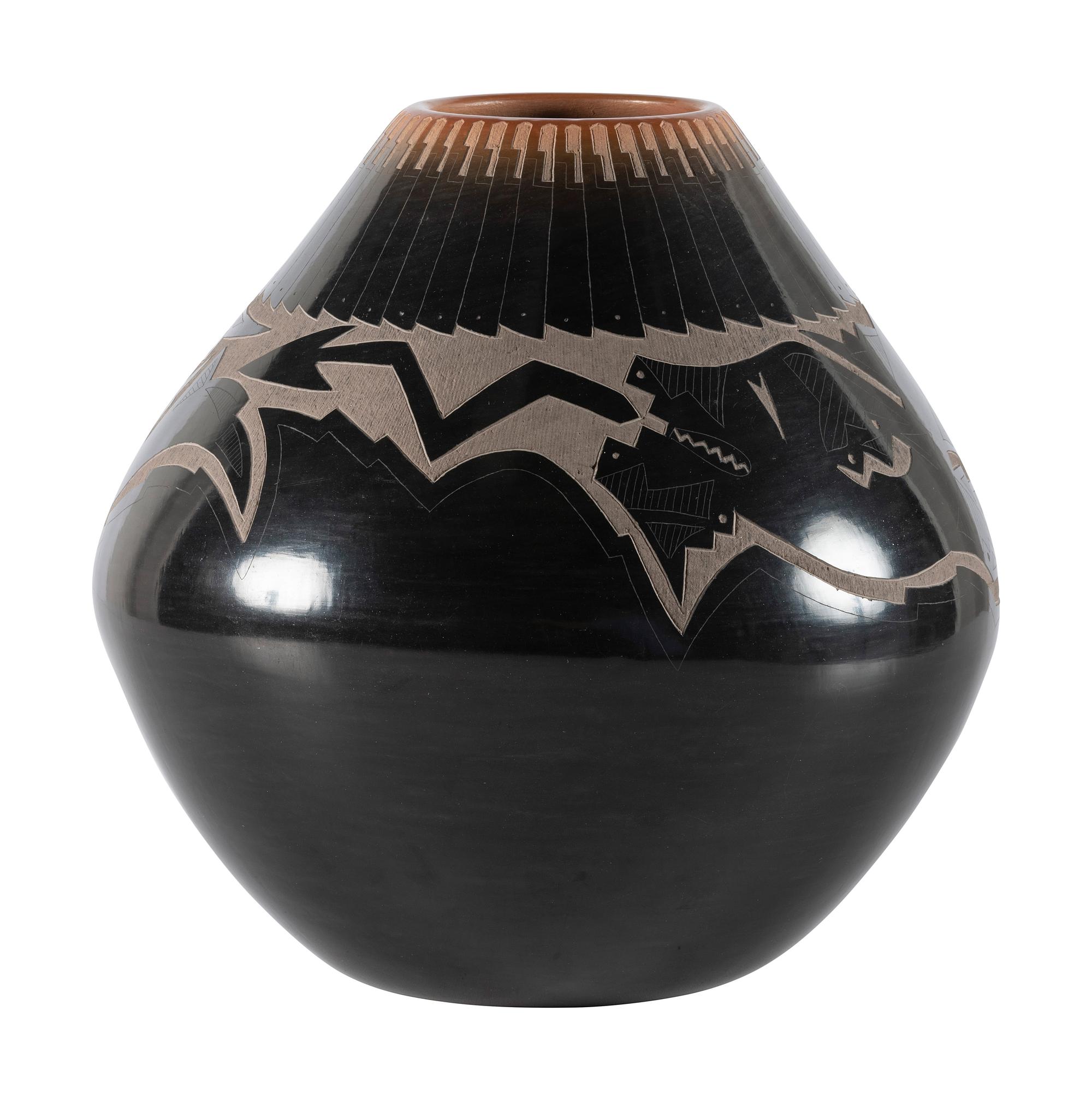 Black and Sienna Sgraffito Pottery Jar