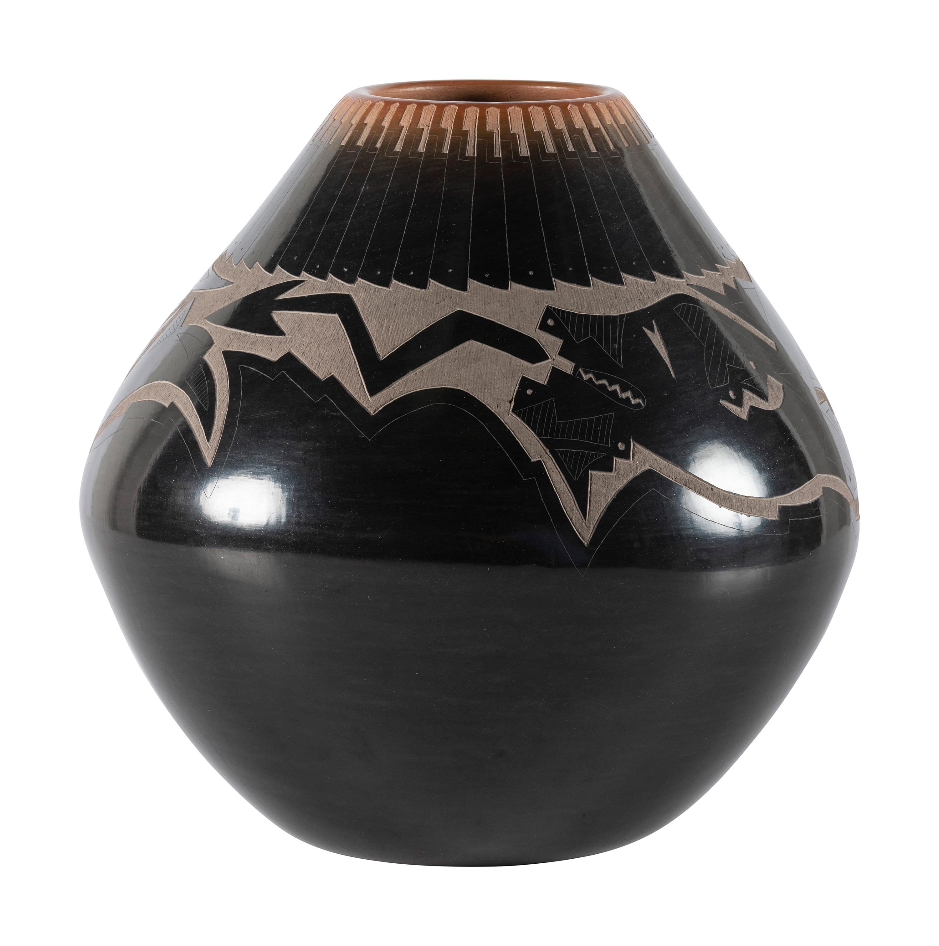 Black and Sienna Sgraffito Pottery Jar