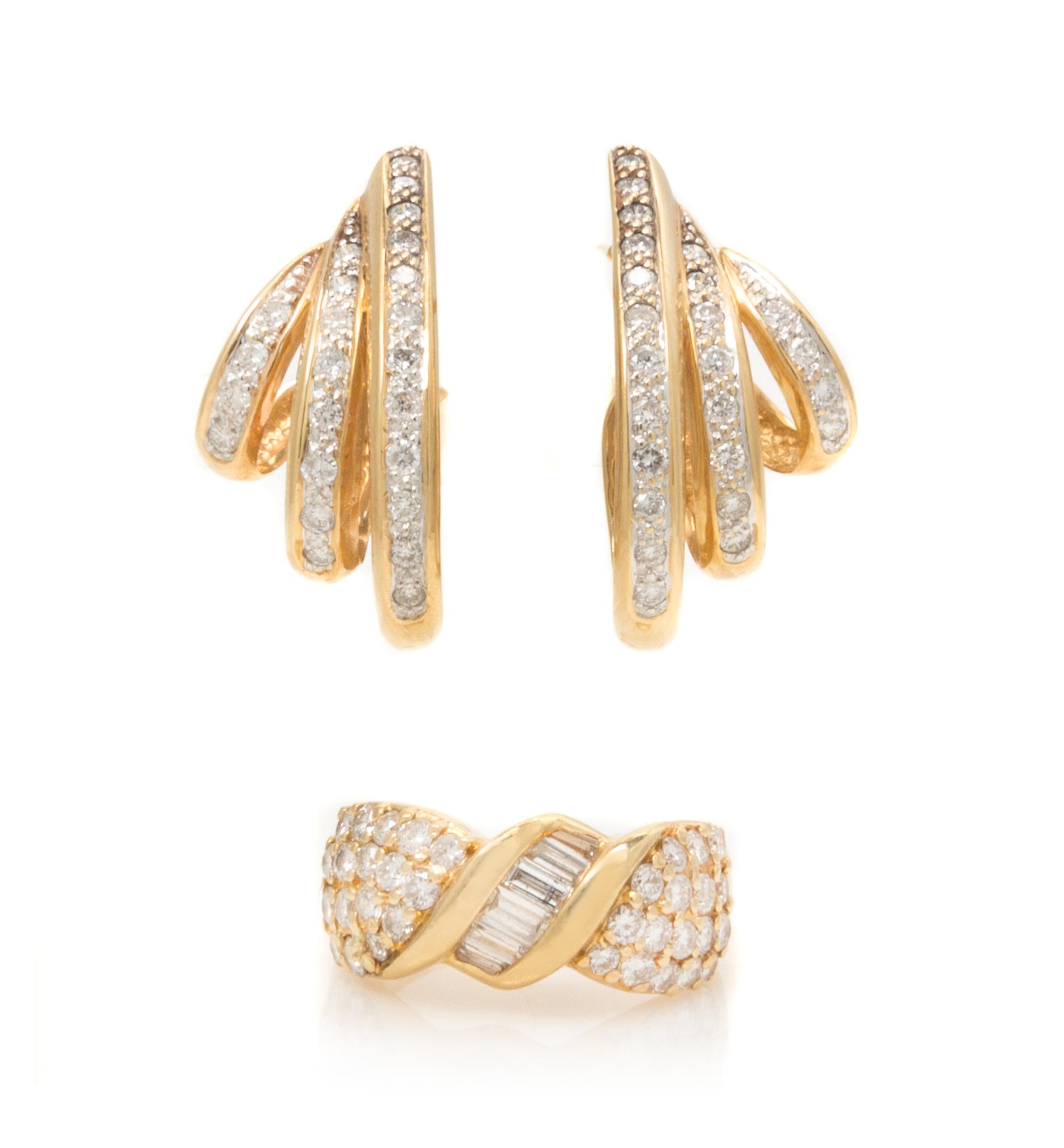 A Collection of Yellow Gold and Diamond Jewelry, 9.10 dwts.