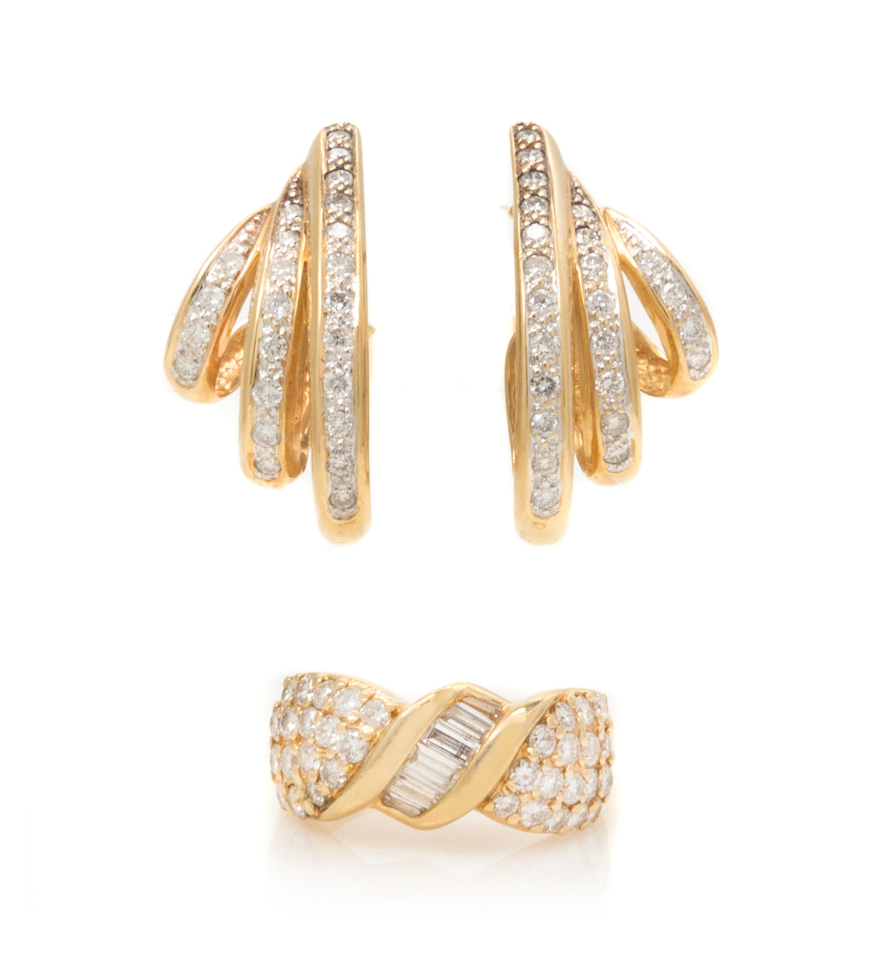 A Collection of Yellow Gold and Diamond Jewelry, 9.10 dwts.