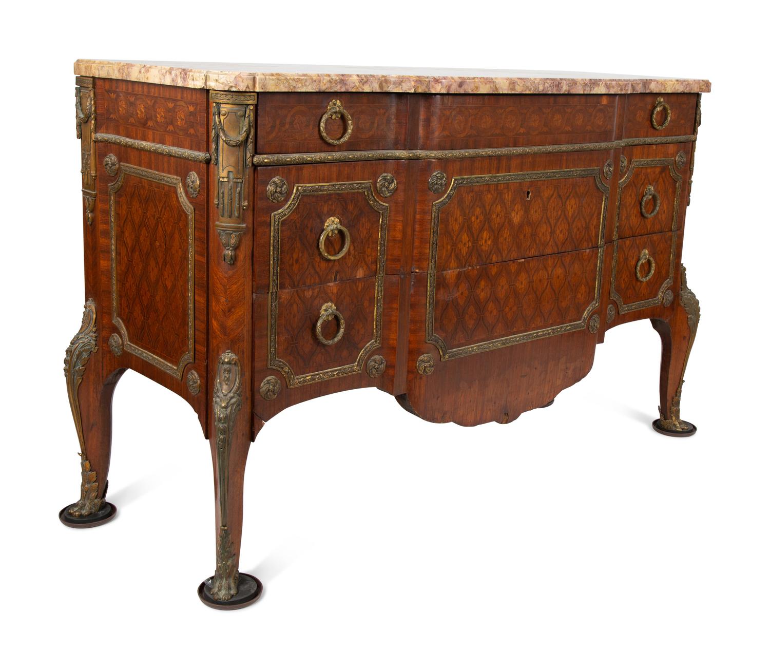 A Louis XVI Style Marquetry, Gilt Bronze and Marble Top Three-Drawer Commode — LATE 19TH CENTURY