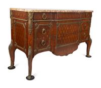 A Louis XVI Style Marquetry, Gilt Bronze and Marble Top Three-Drawer Commode — LATE 19TH CENTURY