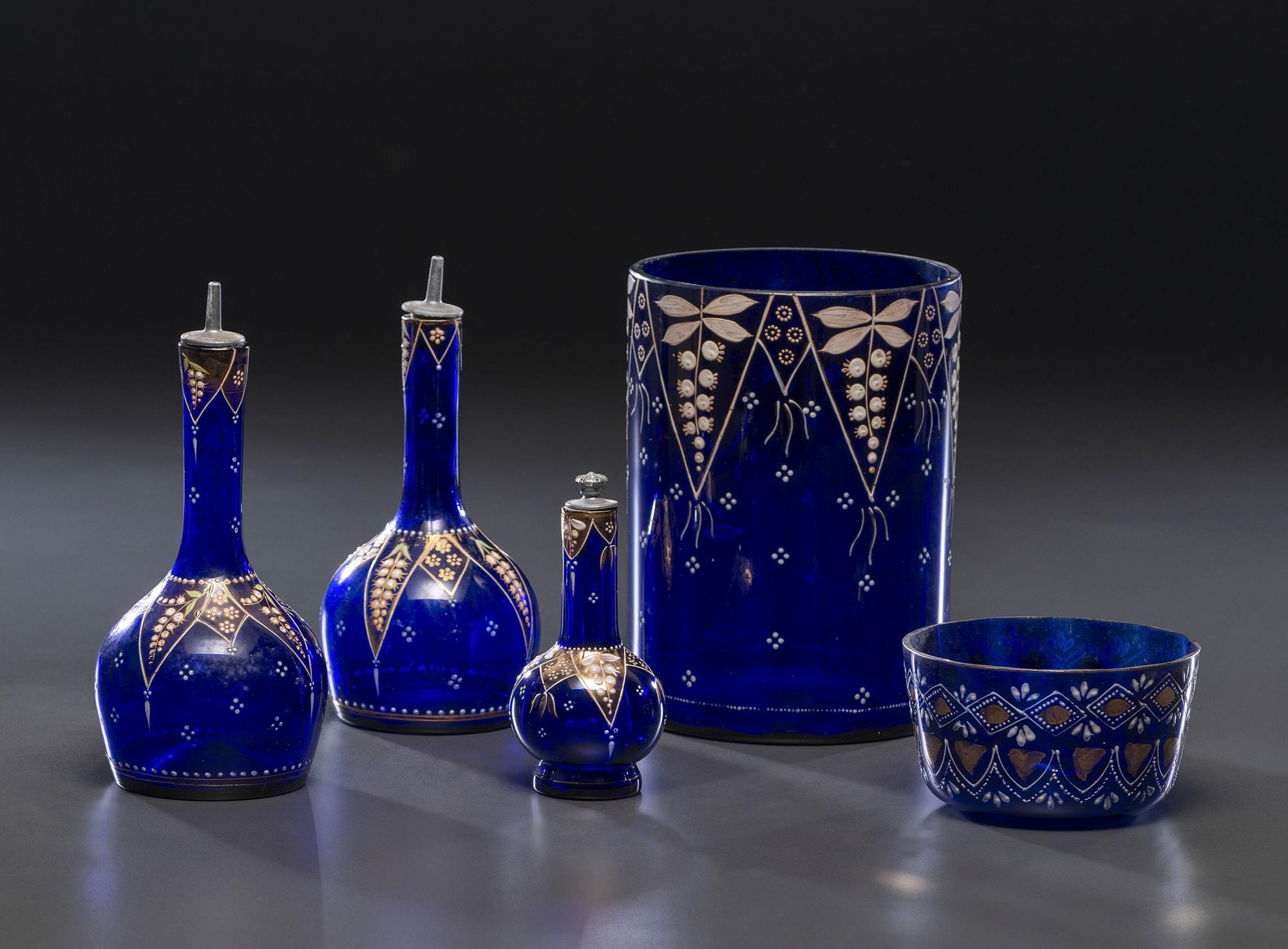 Five Enameled Cobalt Glass Barber Articles