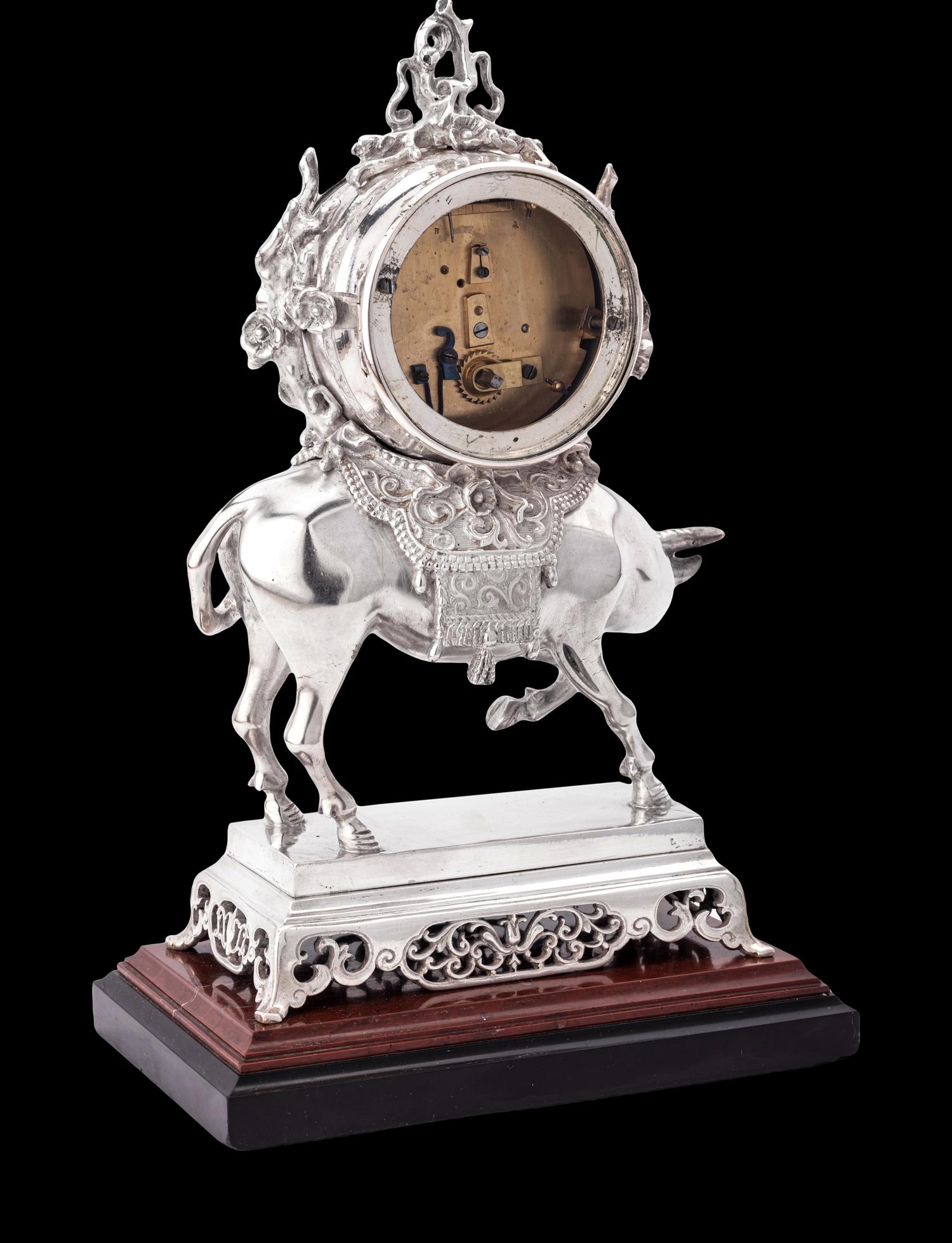 A Chinese Export Silvered Bronze Water Buffalo-Form Clock