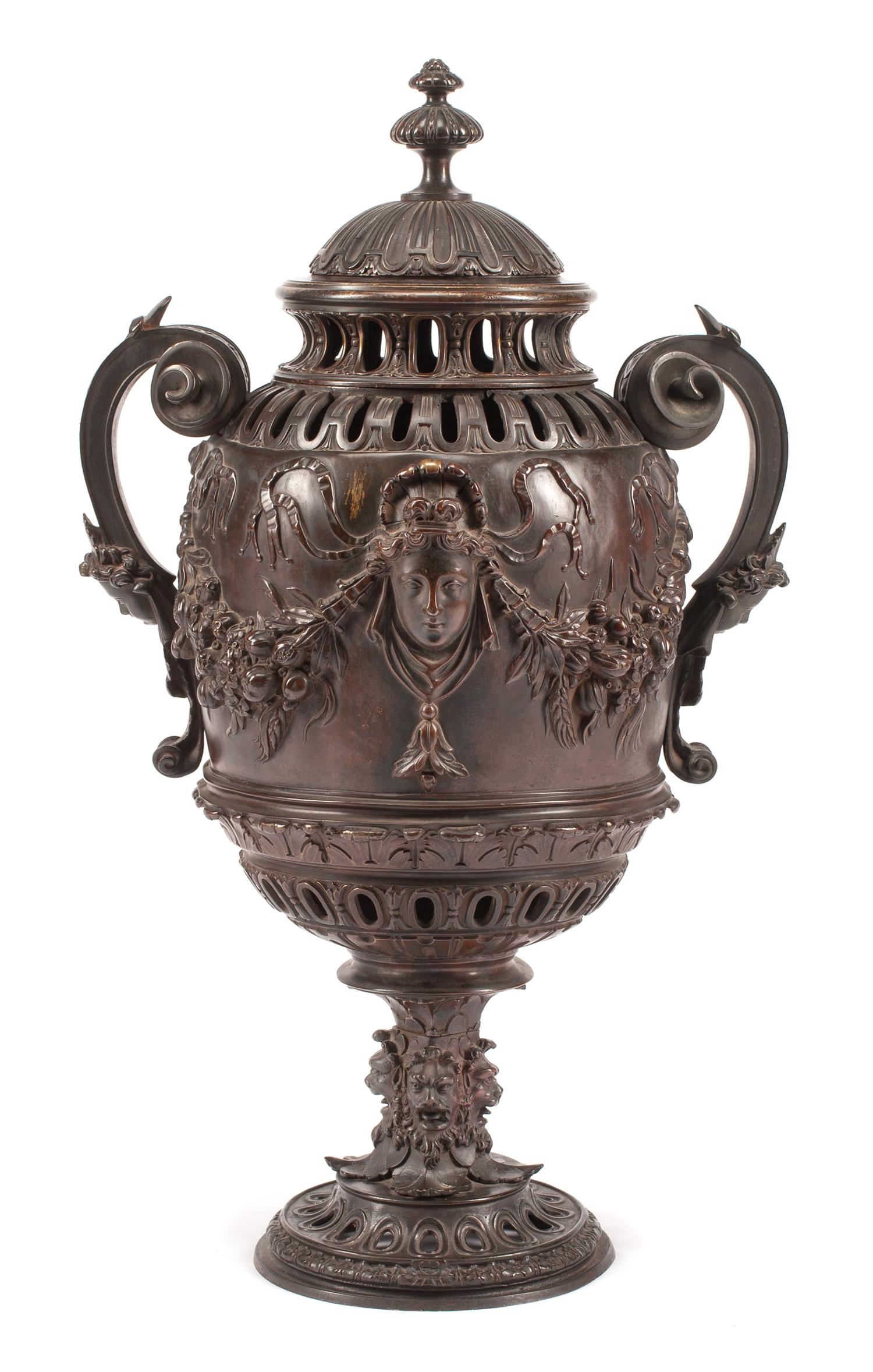 A Grand Tour Patinated Bronze Urn and Cover Height 25 1/2 inches. — 19TH CENTURY