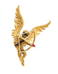 An 18 Karat Yellow Gold, Polychrome Enamel Blindfolded Cupid Brooch, 10.30 dwts.