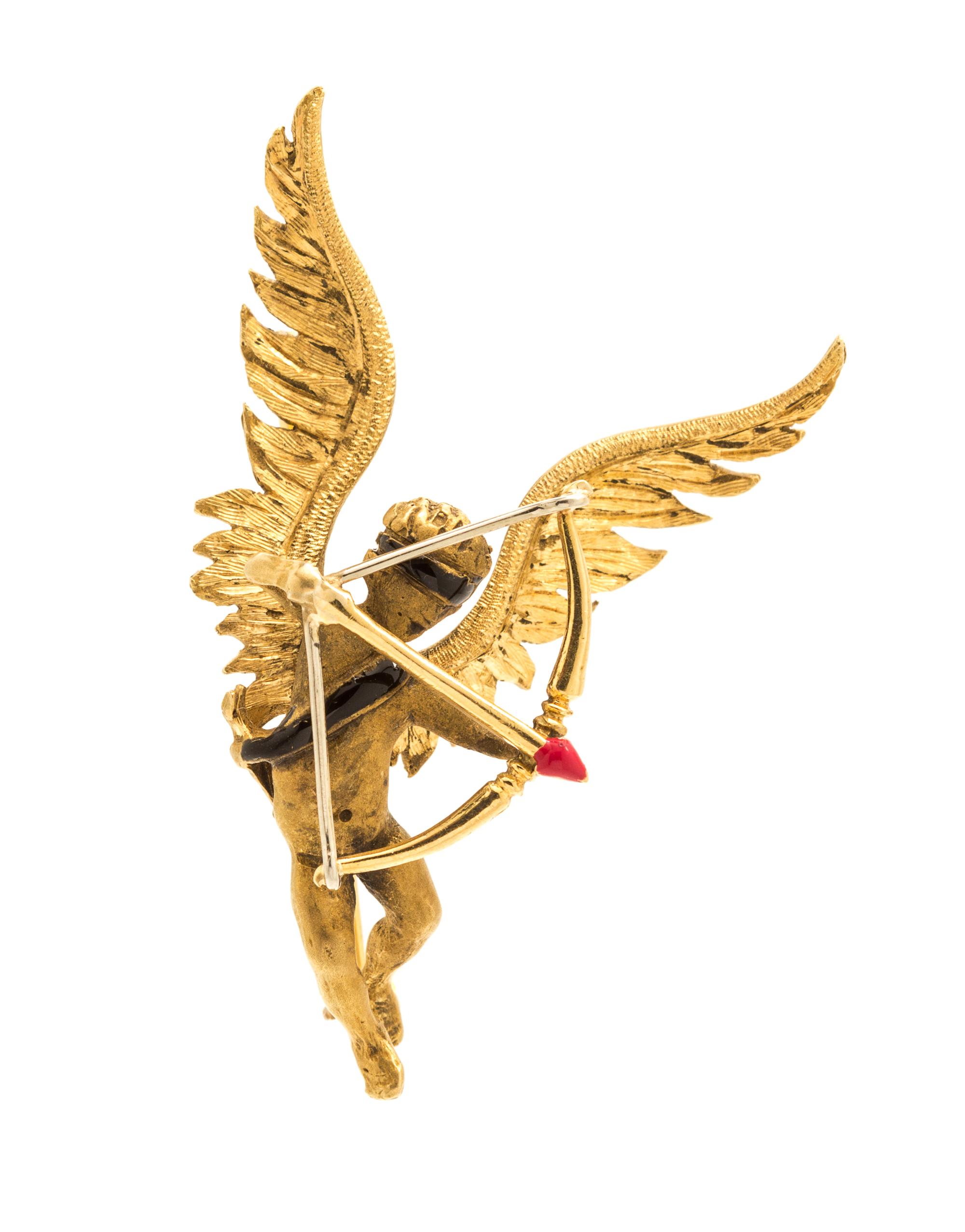 An 18 Karat Yellow Gold, Polychrome Enamel Blindfolded Cupid Brooch, 10.30 dwts.