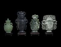 Four Chinese Jadeite and Hardstone Covered Vases