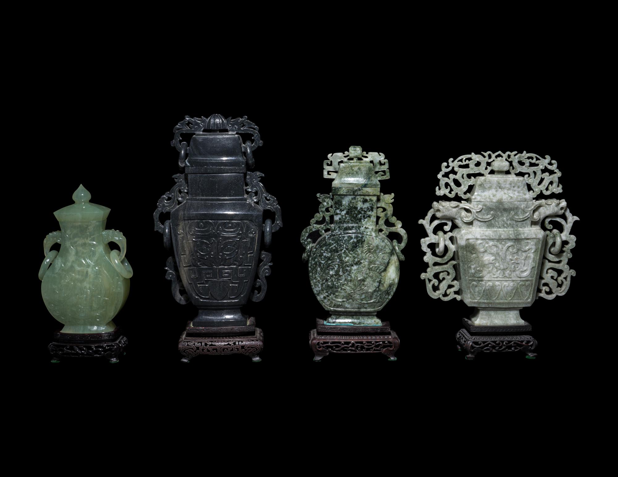 Four Chinese Jadeite and Hardstone Covered Vases