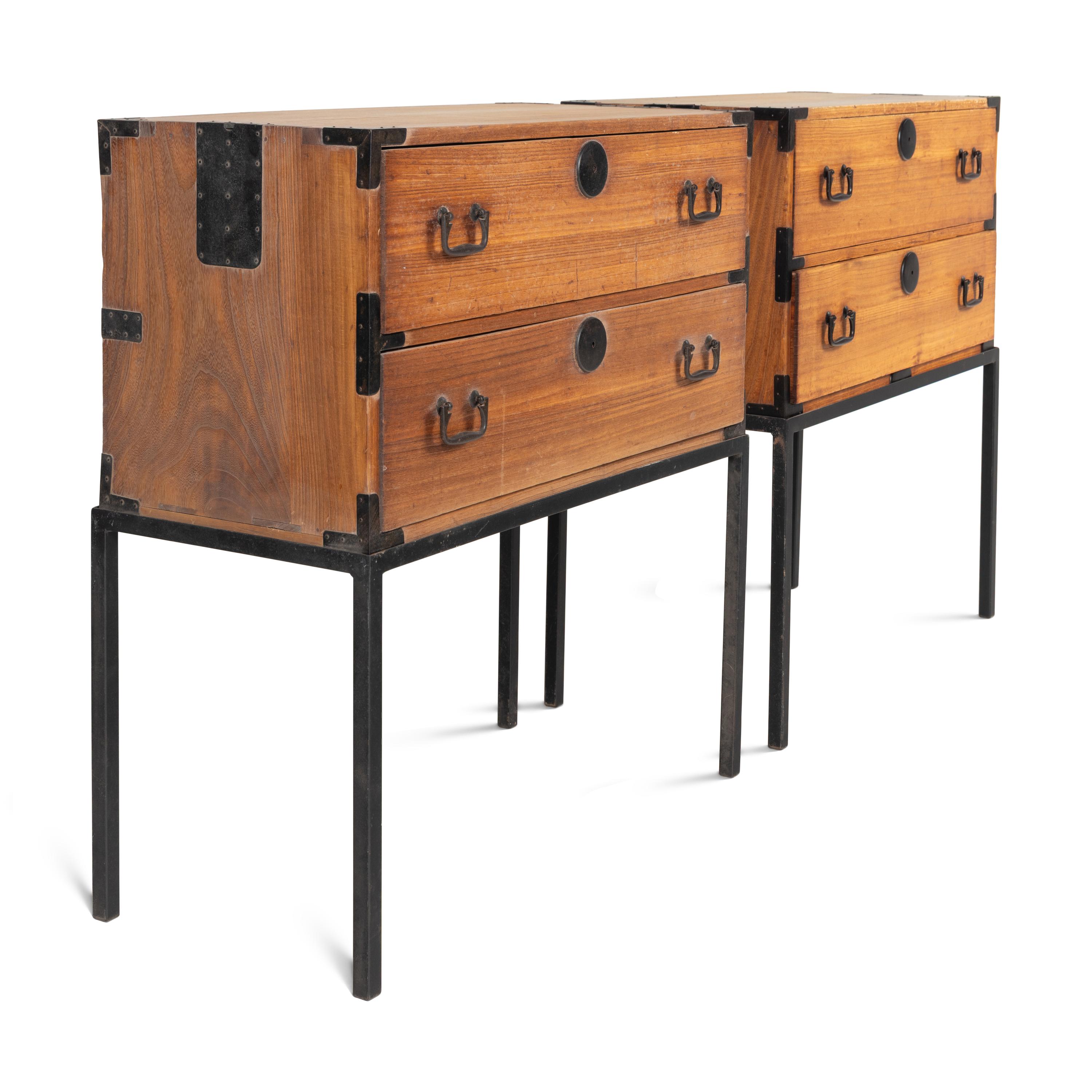 A Pair of Japanese or Korean Metal Mounted Tansu Cabinets on Stands
