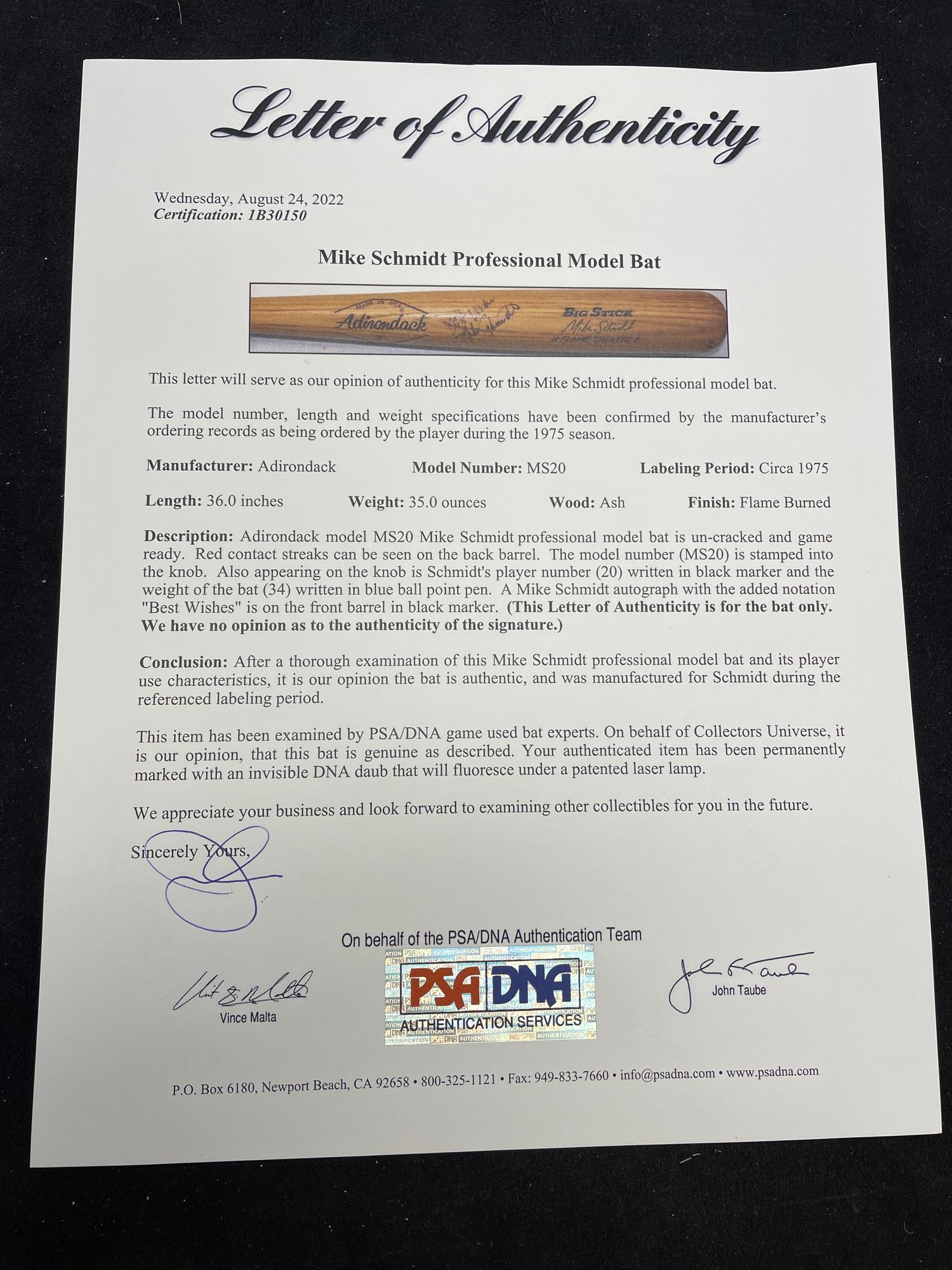 A Mike Schmidt 1975 Era Signed Autograph Professional Model Bat (PSA Certified),