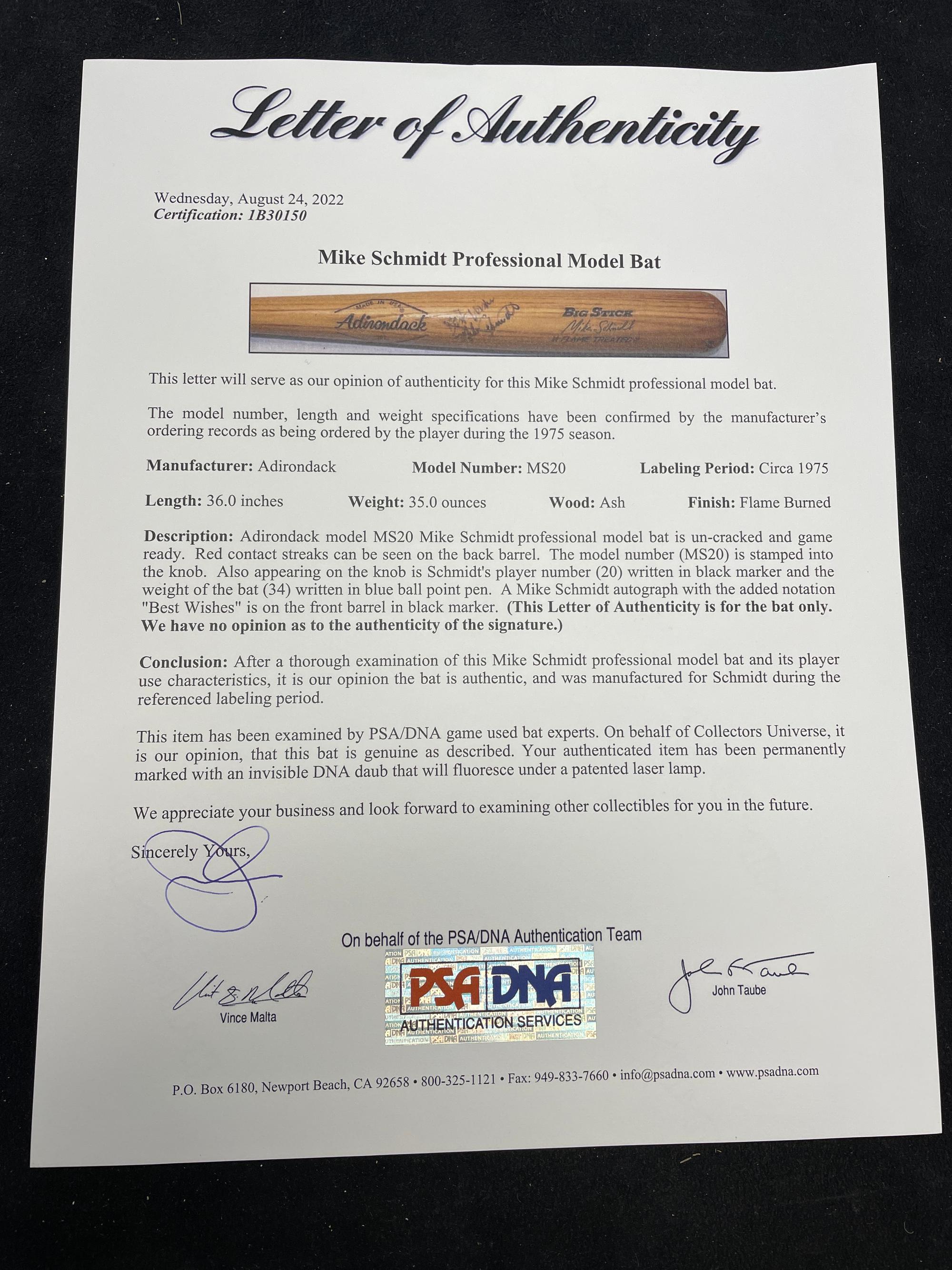 A Mike Schmidt 1975 Era Signed Autograph Professional Model Bat (PSA Certified),