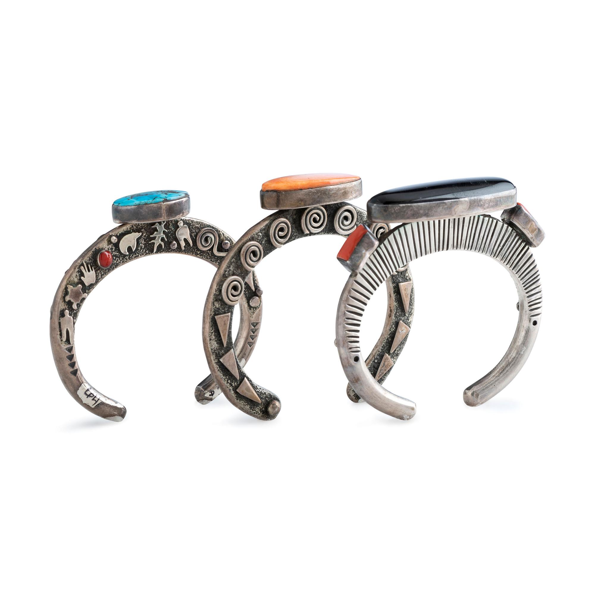 Group of Sterling Silver Cuff Bracelets, with Inlay