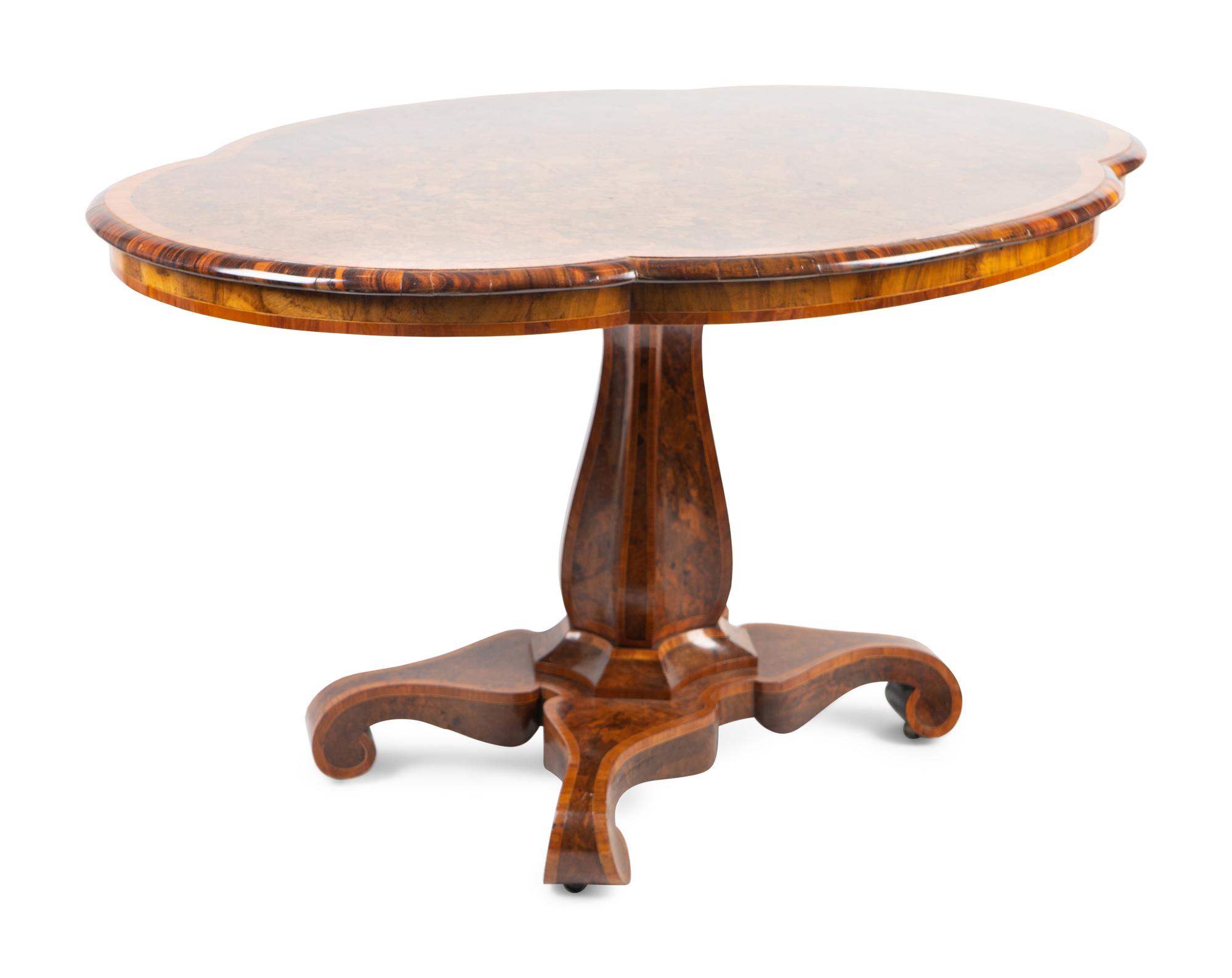 A Victorian Burl Wood and Satinwood Inlaid Turtle Top Parlor Table — 19TH CENTURY