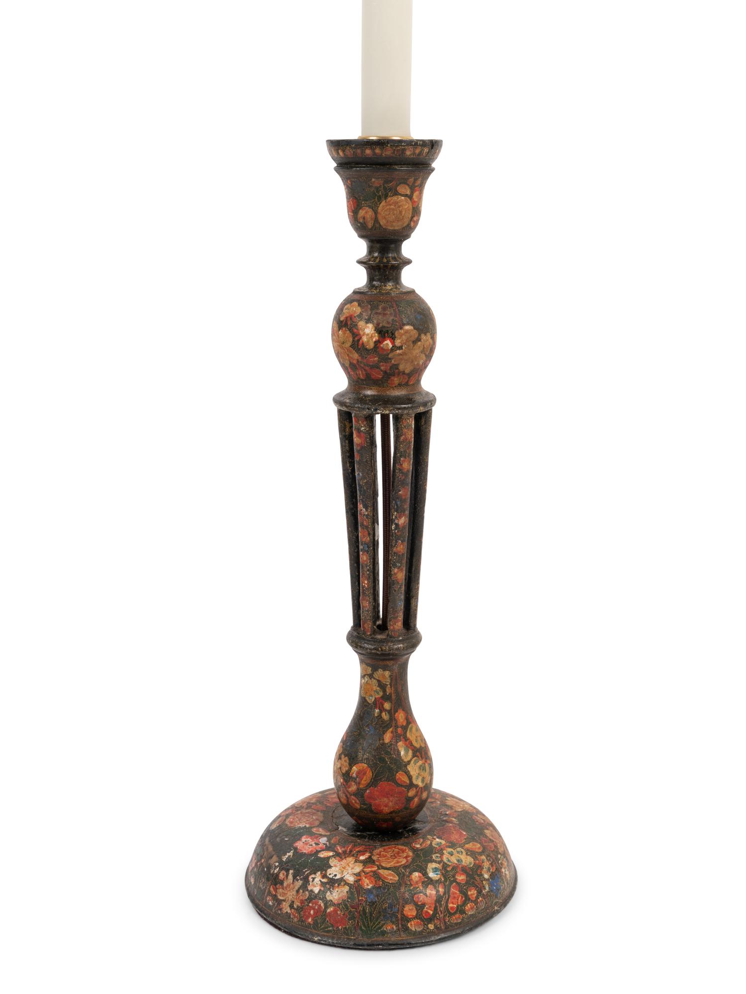 Three Kashmiri Candlesticks Mounted as Lamps