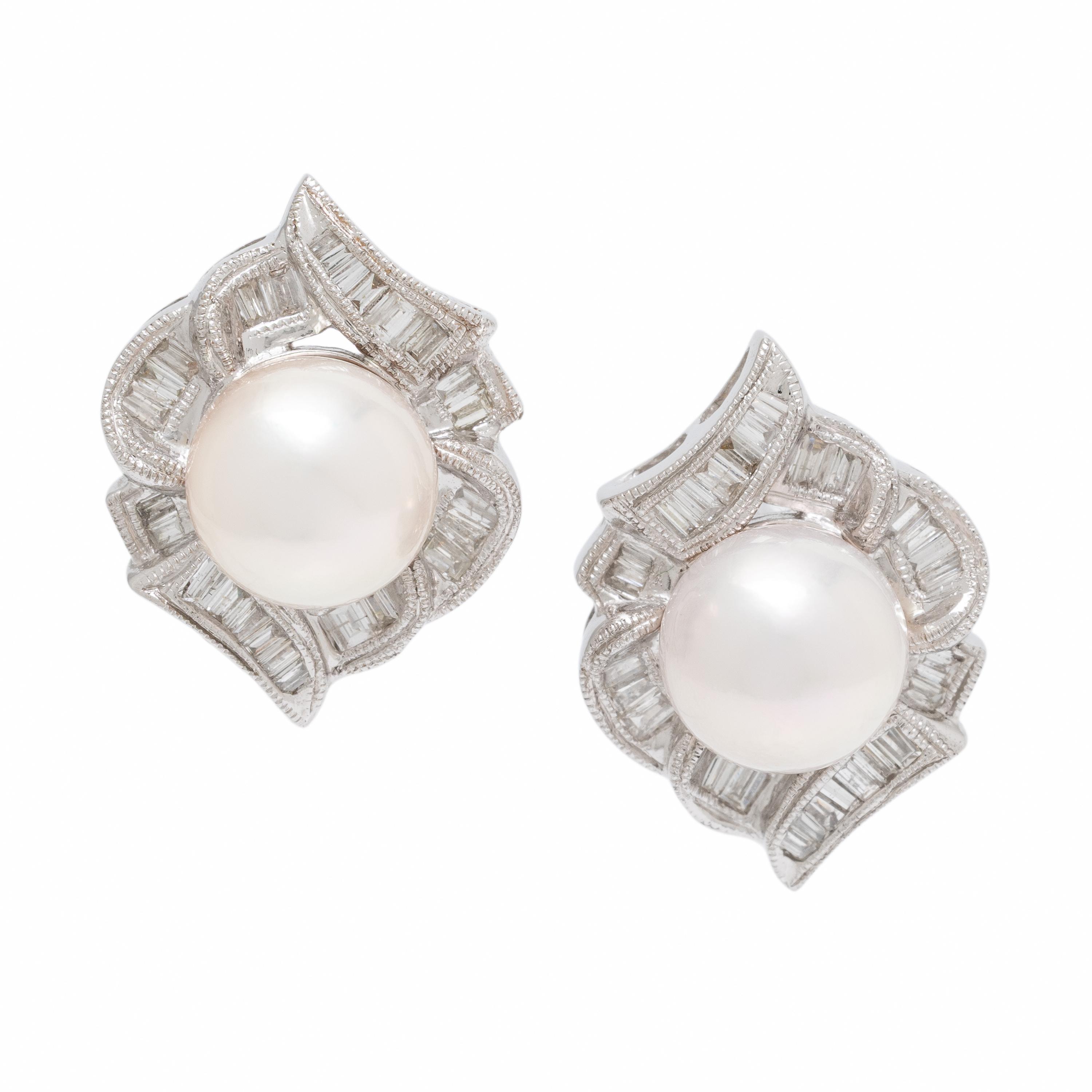 Cultured Pearl, Diamond, and White Gold Earrings