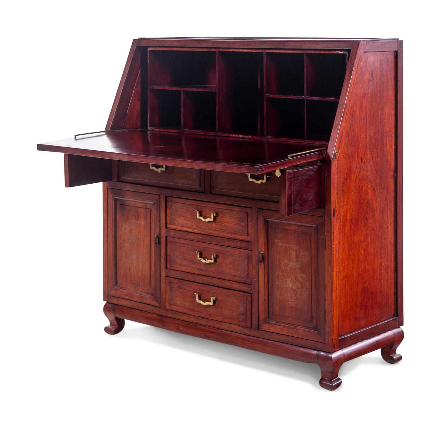 A Chinese Export Rosewood Gilt-Metal Inlaid Slant-Front Desk