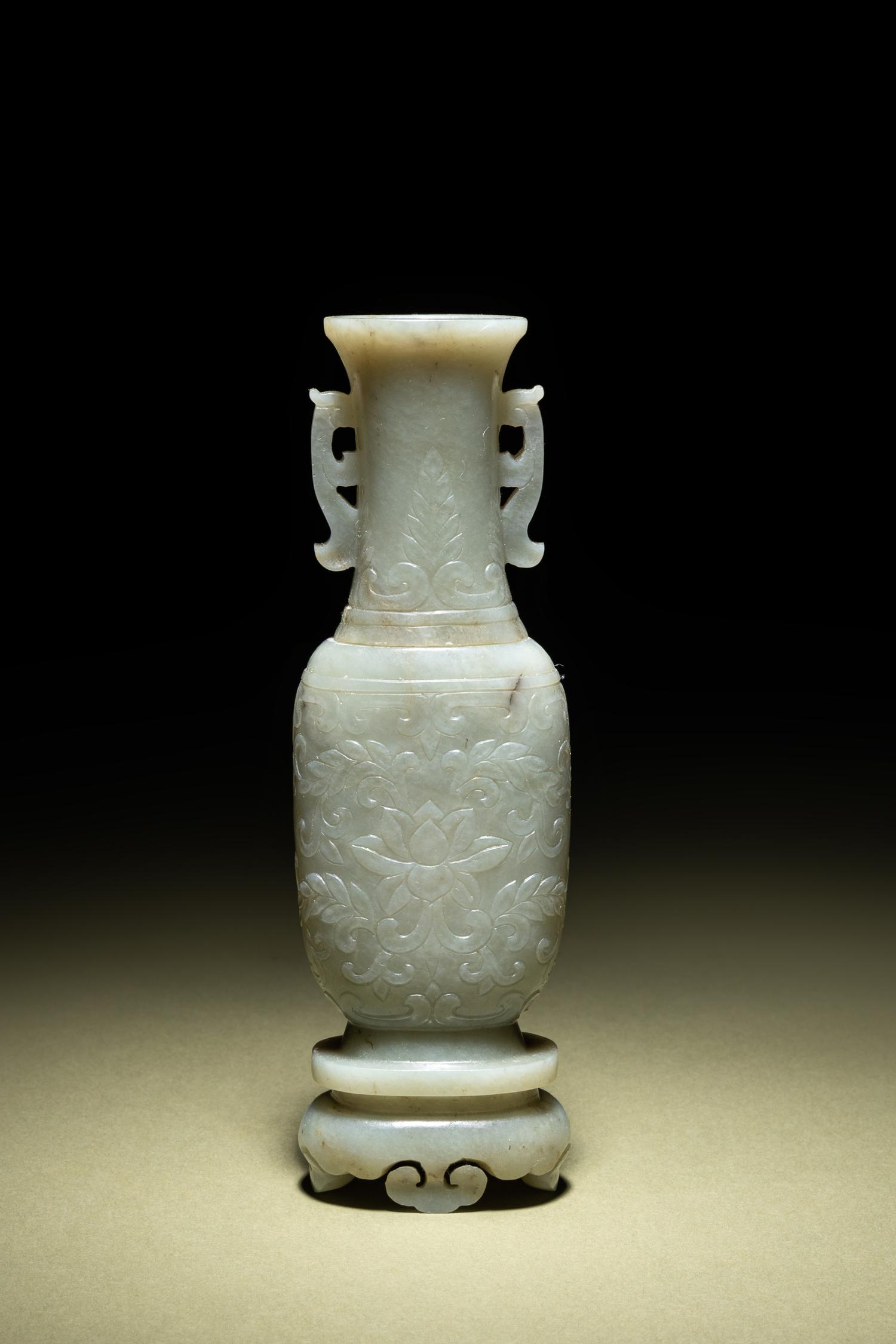 A Small Pale Carved Pale Celadon Jade Vase and Stand