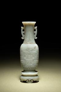 A Small Pale Carved Pale Celadon Jade Vase and Stand