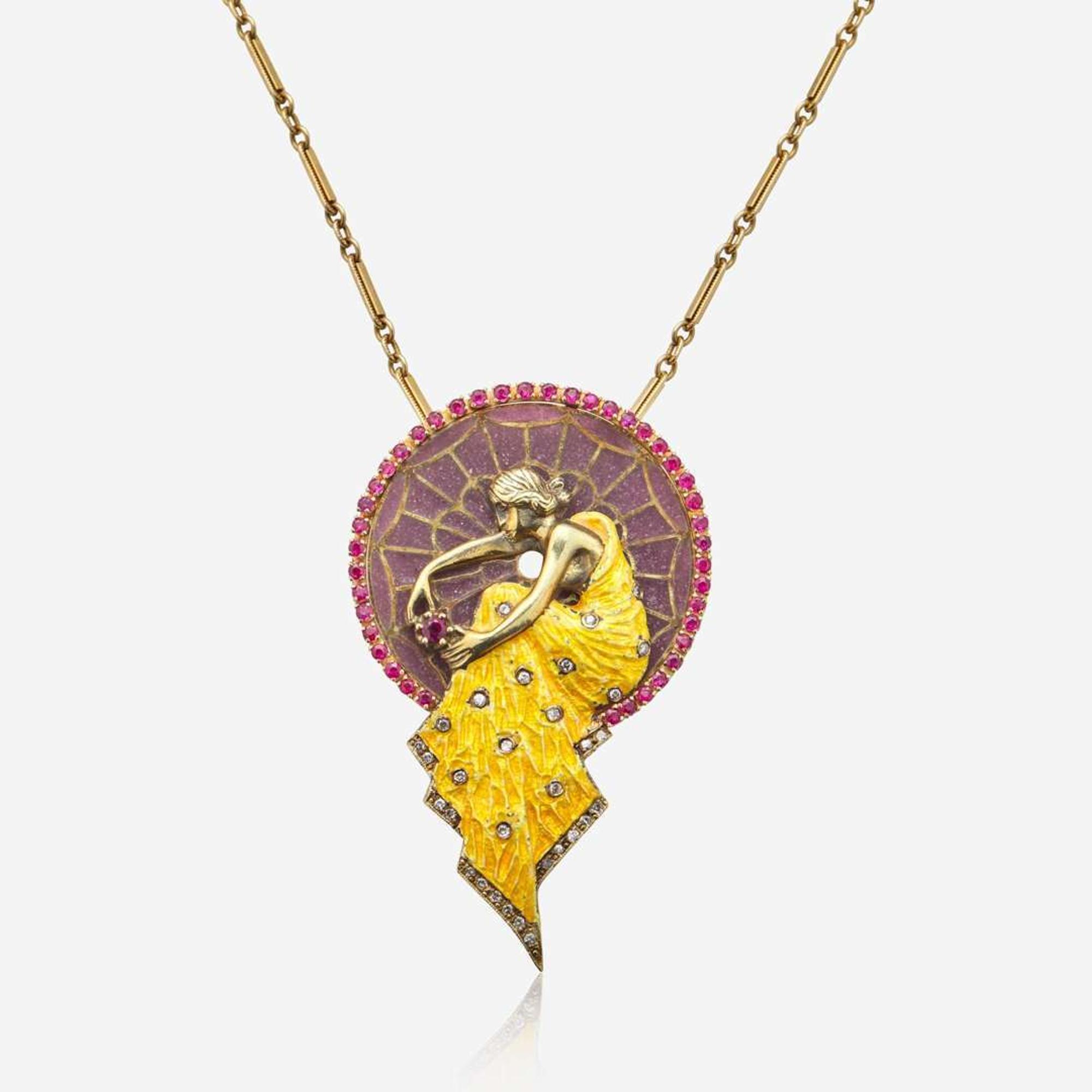 A Plique-à-Jour Enamel, Gemstone, and 14K Yellow Gold Necklace